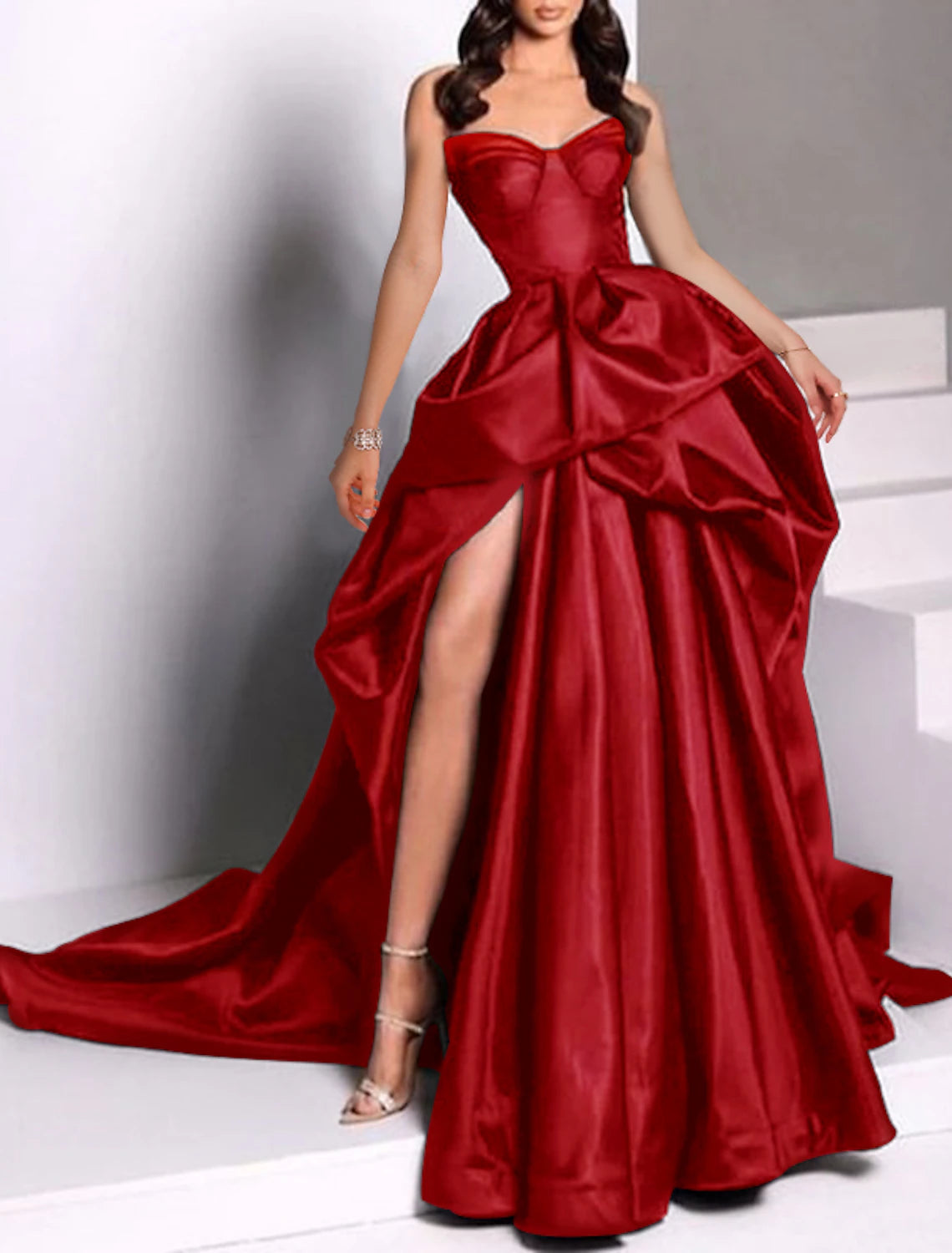 A-Line Evening Gown Black Dress Plus Size Dress Carnival Masquerade Court Train Sleeveless Strapless Wednesday Addams Family Satin with Slit Pure Color Prom