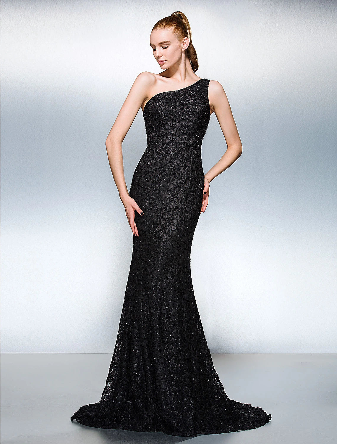 Sheath / Column Sparkle & Shine Dress Holiday Cocktail Party Court Train Sleeveless One Shoulder Lace with Beading