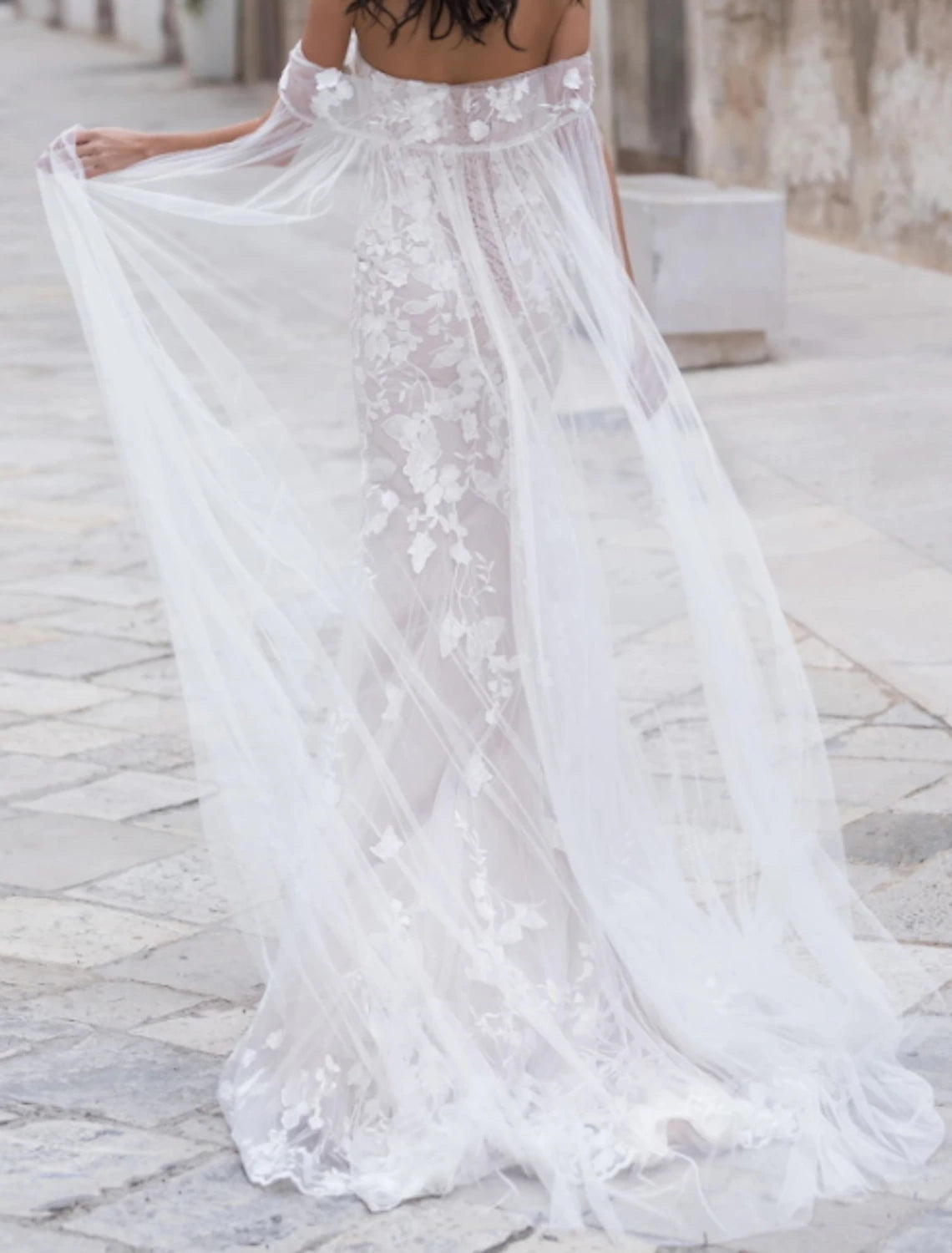 Engagement Formal Wedding Dresses Mermaid / Trumpet Off Shoulder Cap Sleeve Court Train Tulle Bridal Gowns With Embroidery Appliques