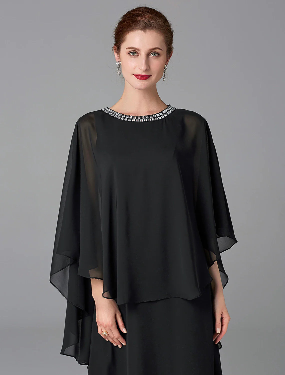 A-Line Mother of the Bride Dress Wedding Guest Elegant Cape Dress Plus Size Jewel Neck Floor Length Chiffon Sleeveless with Beading