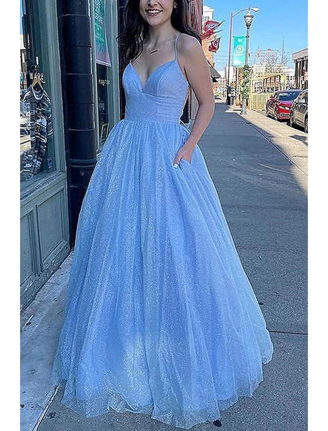 Ball Gown A-Line Prom Dresses Sparkle & Shine Dress Formal Floor Length Sleeveless V Neck Tulle Backless with Pleats