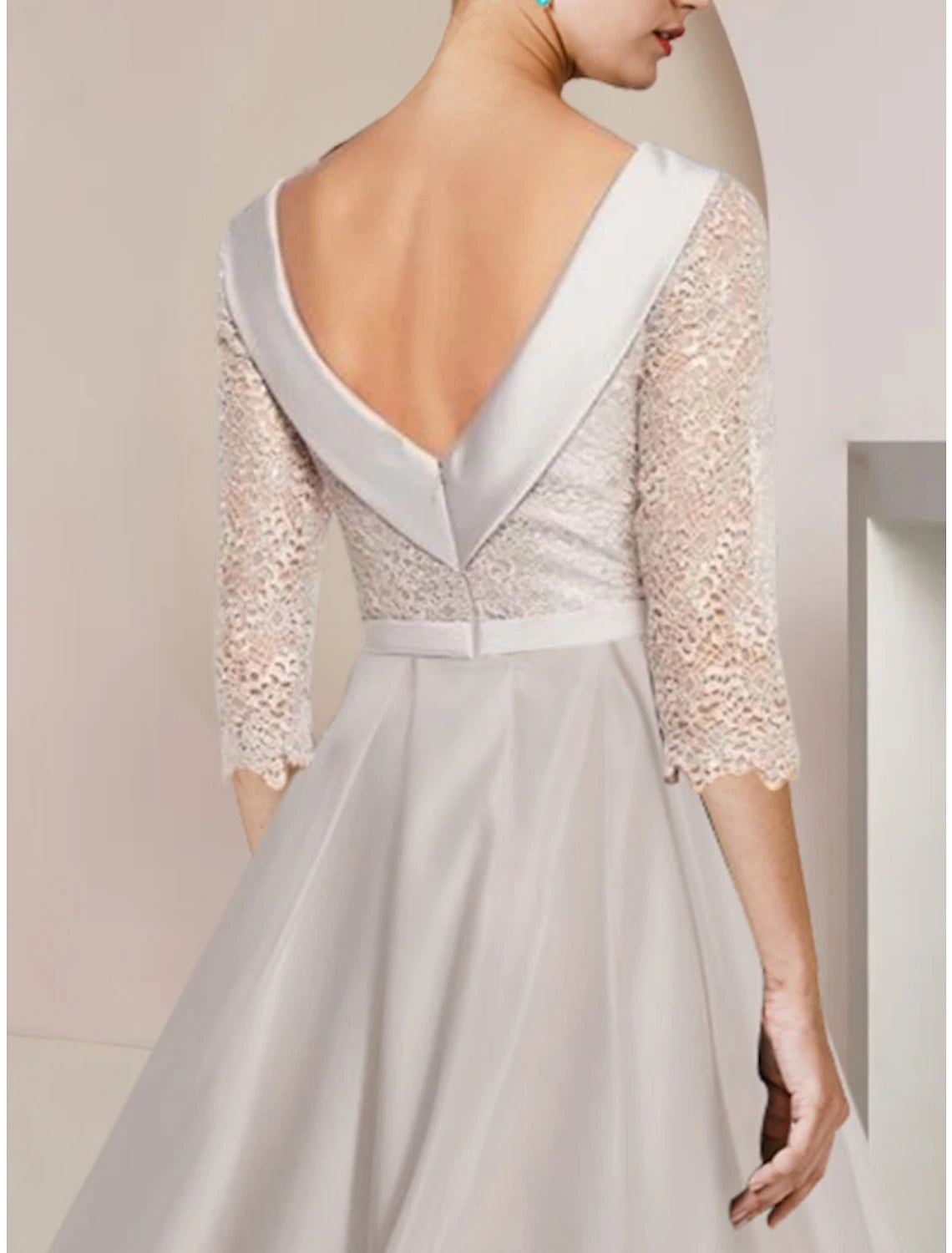 Sheath / Column Mother of the Bride Dress Wedding Guest Minimalist Elegant Scoop Neck Tea Length Satin Lace Half Sleeve with Ruching 2023