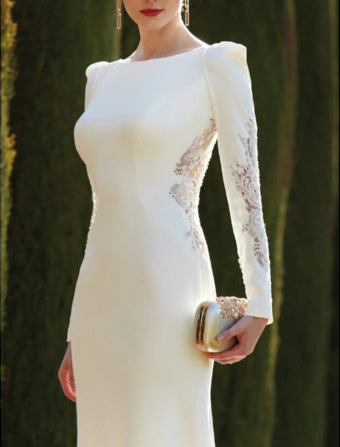 Hall Open Back Royal Style Formal Fall Wedding Dresses Mermaid / Trumpet Scoop Neck Long Sleeve Sweep / Brush Train Stretch Fabric Bridal Gowns With Solid Color Summer Party Women‘s Clothing