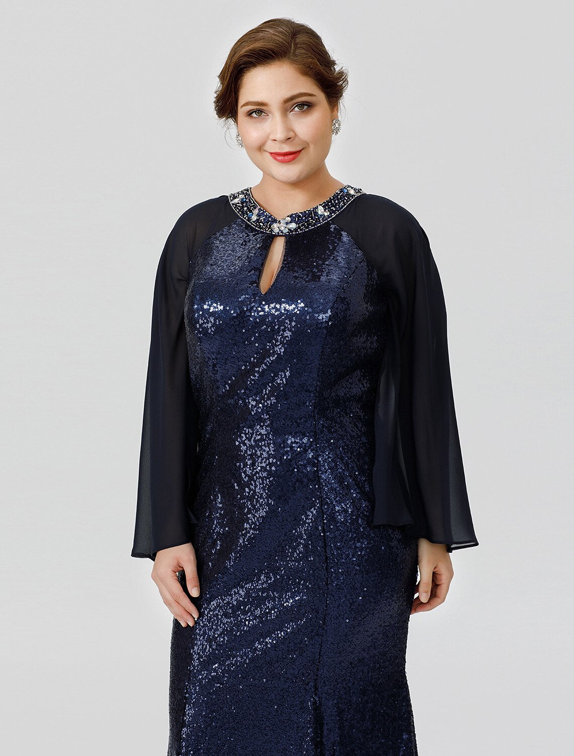 Mermaid / Trumpet Mother of the Bride Dress Formal Chic & Modern Glamorous & Dramatic Plus Size Jewel Neck Floor Length Chiffon Sequined 3/4 Length Sleeve No with Crystals Beading