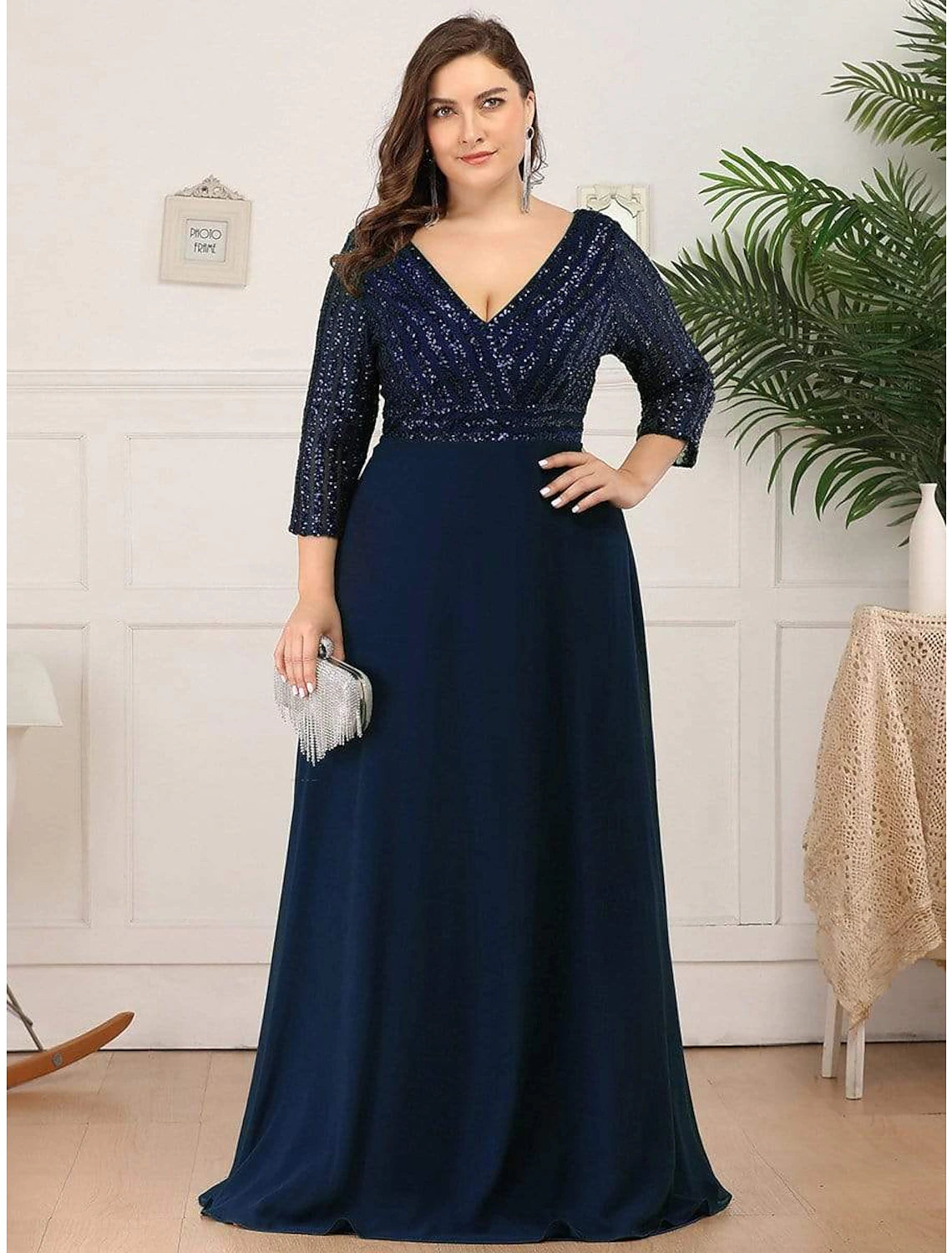 A-Line Evening Gown Plus Size Dress Wedding Guest Floor Length 3/4 Length Sleeve V Neck Chiffon V Back with Sequin