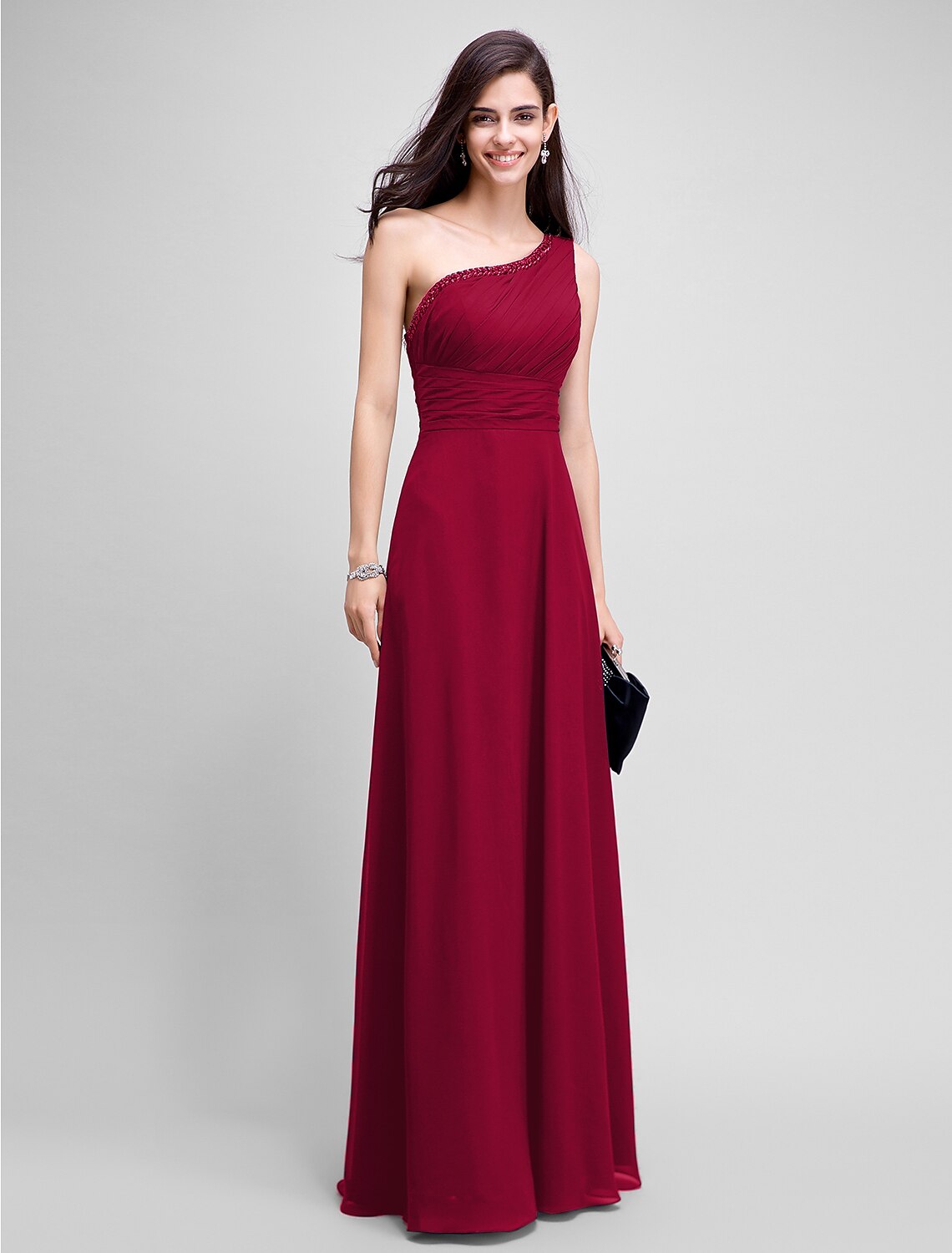 Sheath / Column Empire Dress Wedding Guest Formal Evening Floor Length Sleeveless One Shoulder Bridesmaid Dress Chiffon with Ruched Beading
