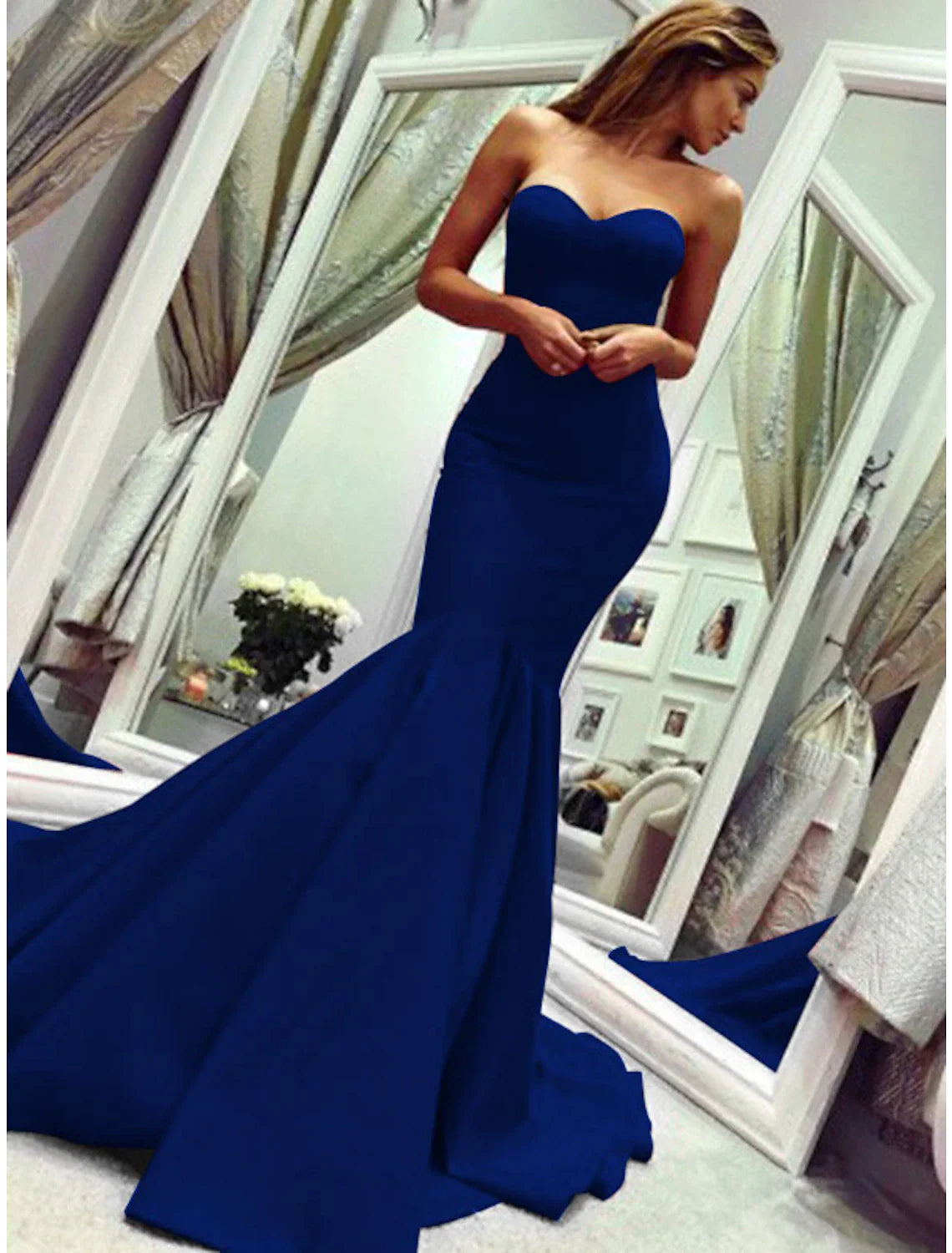 DingjiMermaid Party Dress Minimalist Sexy Wedding Guest Formal Evening Valentine‘s Day Dress Strapless Sleeveless Court Train Stretch Fabric with Pleats