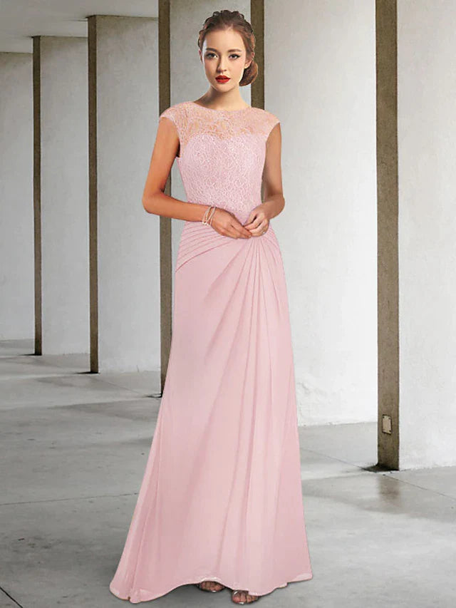 A-Line Mother of the Bride Dress Elegant Jewel Neck Floor Length Chiffon Lace Sleeveless with Pleats Appliques