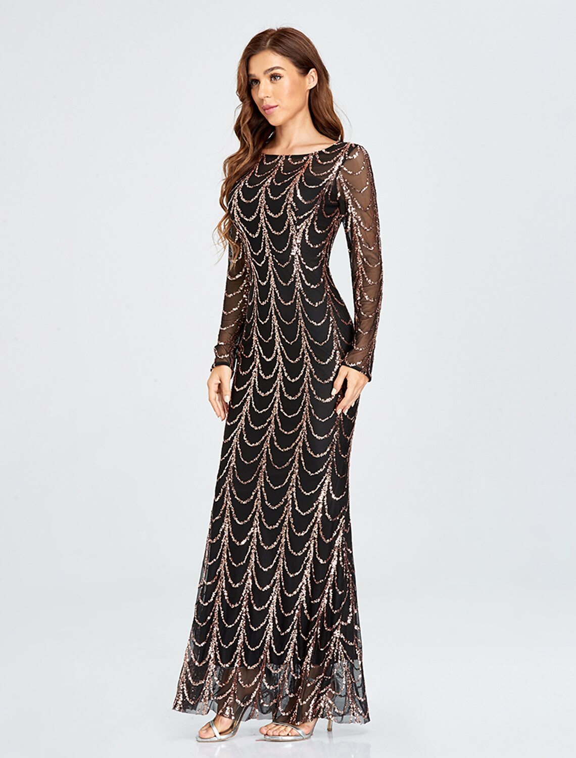 Mermaid Black Dress Evening Gown Black Dress Vintage Party Wear Formal Evening Floor Length Long Sleeve Jewel Neck Sequined with Sequin