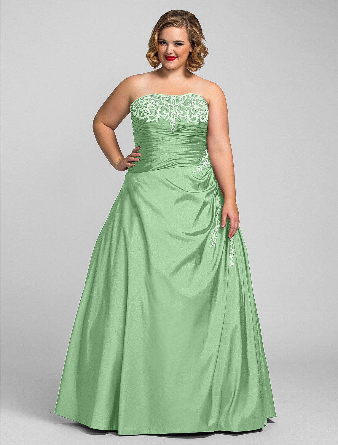 Ball Gown Plus Size Prom Formal Evening Dress Strapless Sleeveless Floor Length Taffeta with Beading Appliques