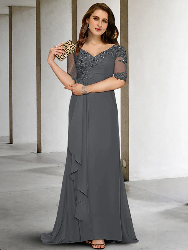 Mermaid / Trumpet Plus Size Curve Mother of the Bride Dresses Vintage Dress Formal Sweep / Brush Train Half Sleeve V Neck Chiffon with Pleats Appliques