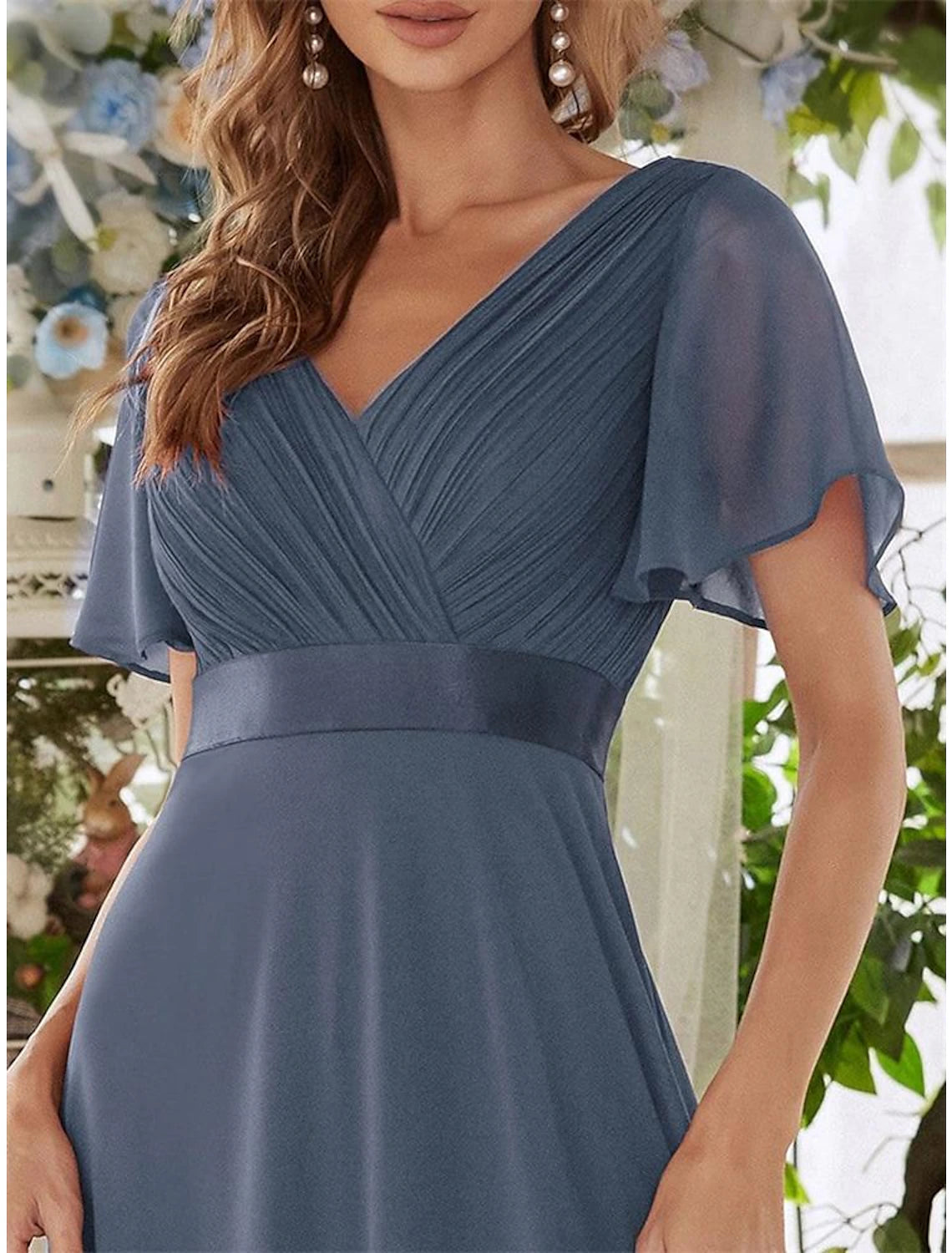 A-Line Evening Gown Empire Dress Wedding Guest Formal Evening Floor Length Short Sleeve V Neck Bridesmaid Dress Chiffon V Back with Ruffles Pure Color