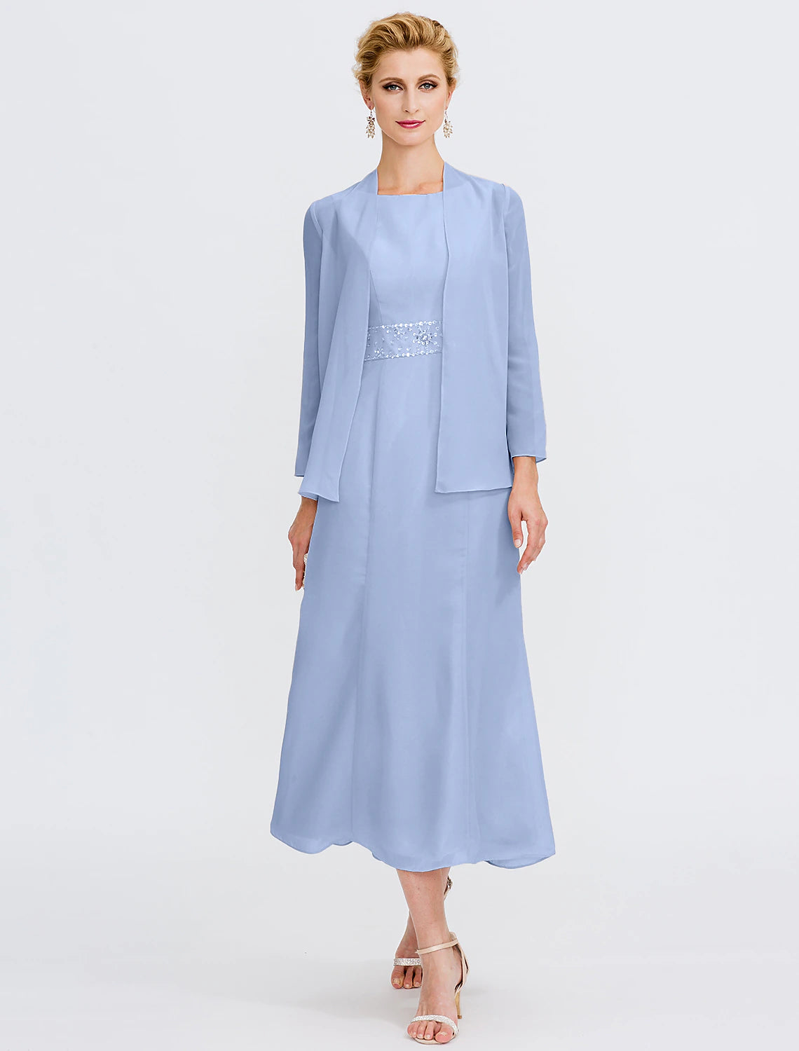 Two Piece Sheath / Column Mother of the Bride Dress Fall Wedding Guest Dresses Plus Size Elegant Jewel Neck Tea Length Chiffon Sleeveless Wrap Included with Sash / Ribbon Pleats Beading 2023