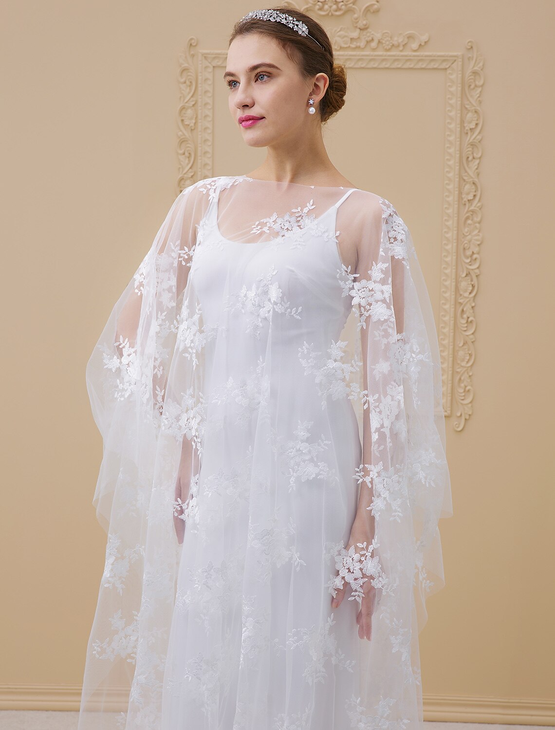 Sheath / Column Illusion Neck Sweep / Brush Train Stretch Satin / Sheer Lace Made-To-Measure Wedding Dresses with Appliques / Yes / See-Through