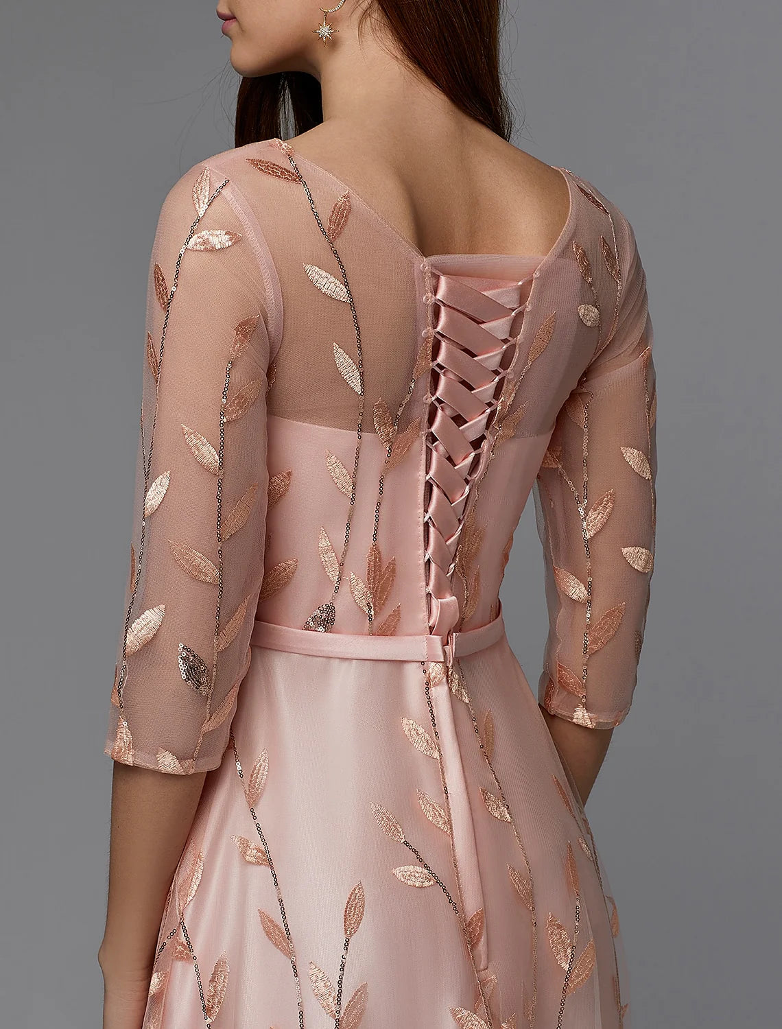 DingjiA-Line Floral Dress Valentine's Day Wedding Guest Floor Length 3/4 Length Sleeve Illusion Neck Bridesmaid Dress Lace with Pattern / Print Appliques