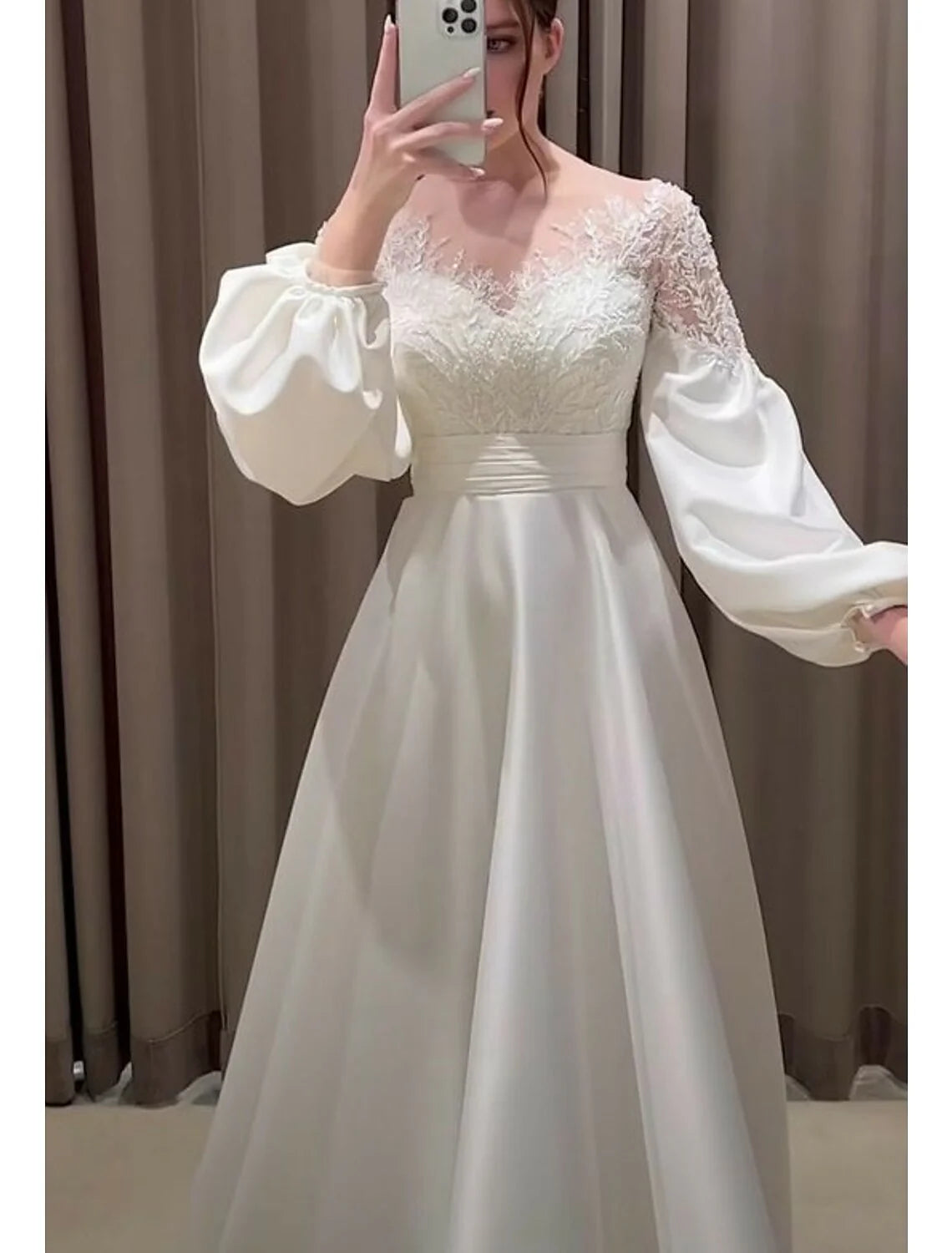 DingjiHall Vintage Formal Wedding Dresses A-Line V Neck Long Sleeve Sweep / Brush Train Satin Bridal Gowns With Embroidery Appliques