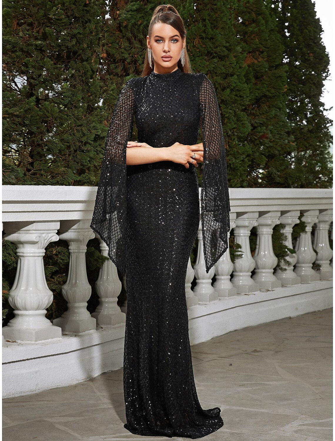 Mermaid / Trumpet Evening Party Dress Sparkle & Shine Dress Formal Floor Length Sleeveless High Neck Sequined with Glitter Pleats