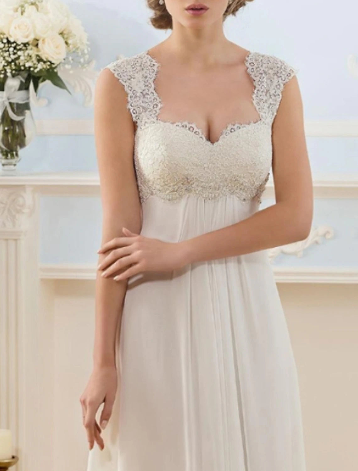 Beach Open Back Wedding Dresses A-Line Sweetheart Cap Sleeve Sweep / Brush Train Chiffon Bridal Gowns With Lace Insert
