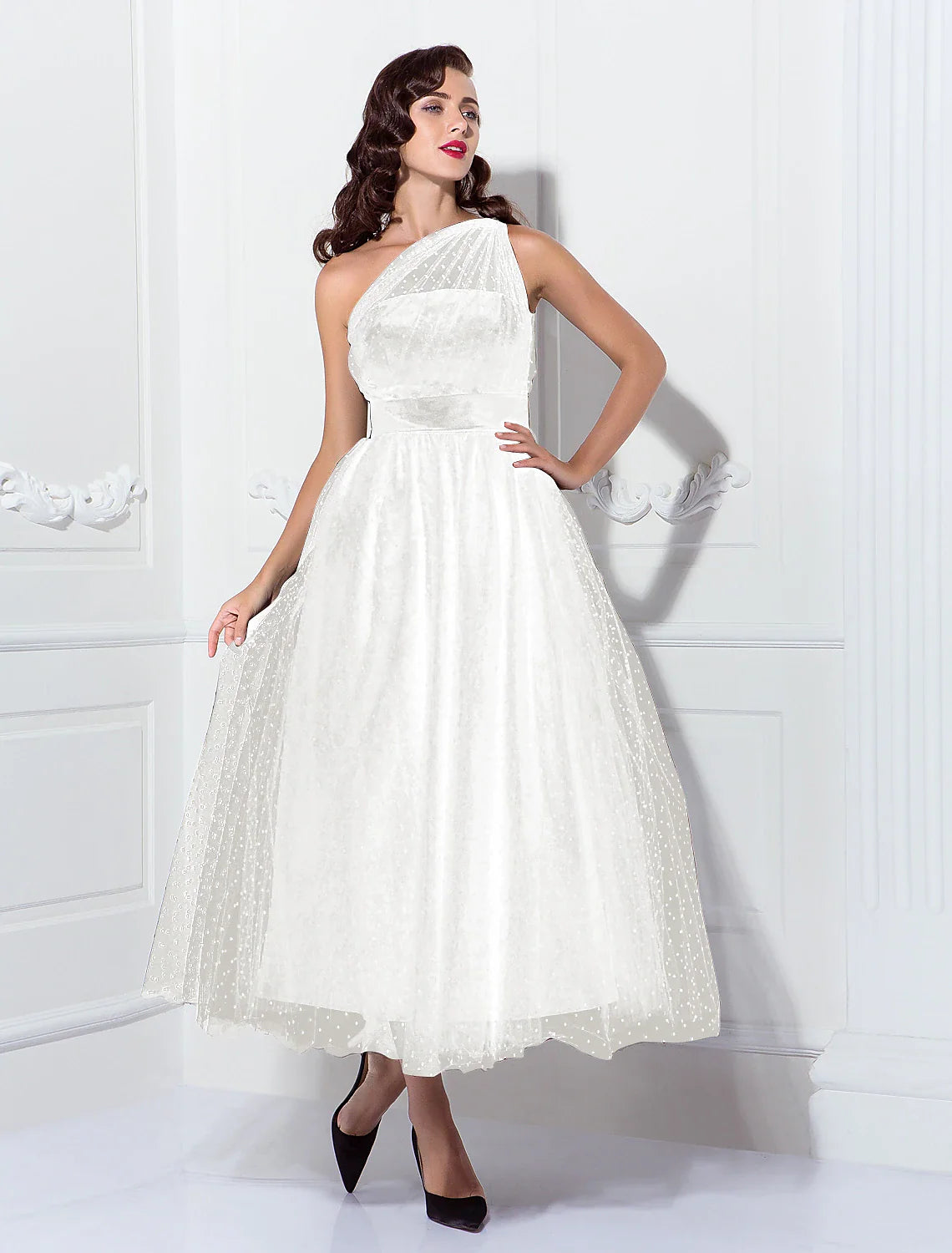 DingjiA-Line Cocktail Dresses Vintage Dress Wedding Guest Cocktail Party Ankle Length Sleeveless One Shoulder Wednesday Addams Family Tulle with Pleats Pattern / Print