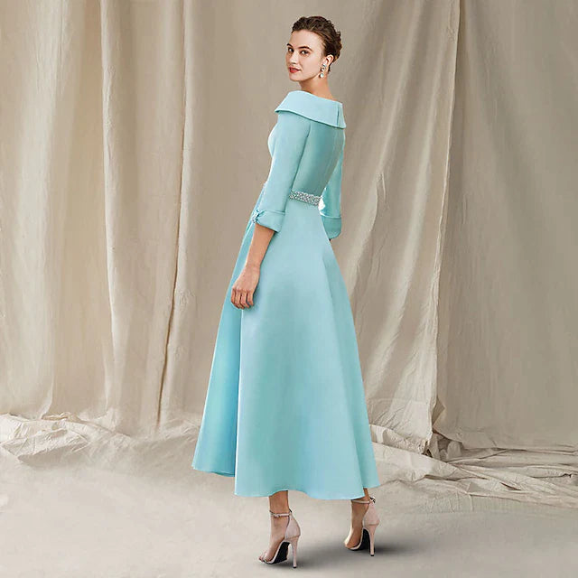 A-Line Mother of the Bride Dress Wedding Guest Luxurious Elegant Bateau Neck Ankle Length Satin 3/4 Length Sleeve with Sash / Ribbon Bow(s) Beading