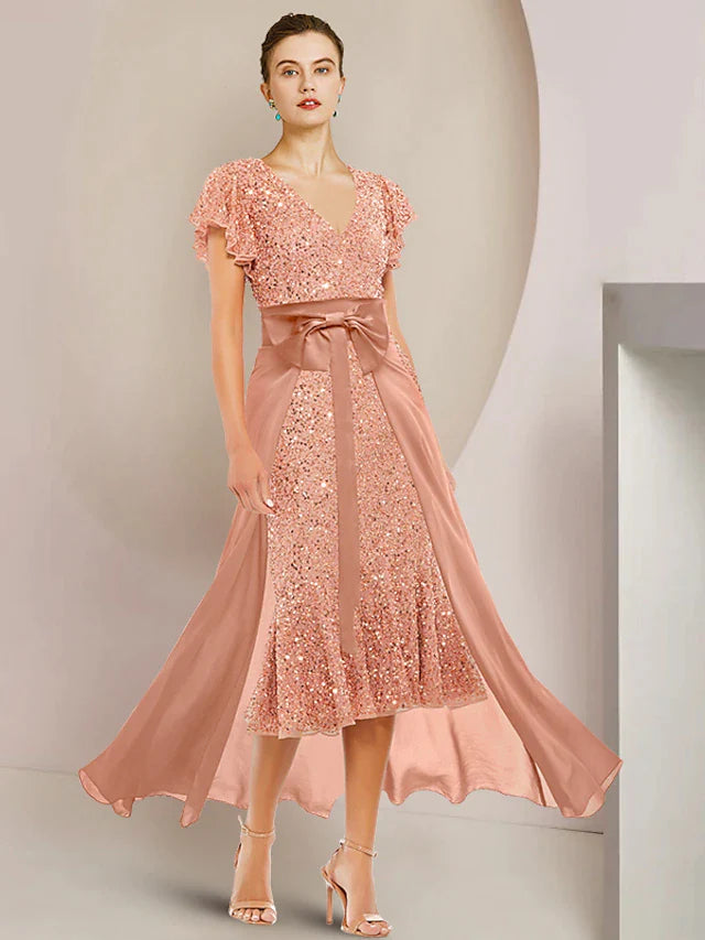 Two Piece A-Line Mother of the Bride Dress Formal Wedding Guest Sparkle & Shine Elegant V Neck Tea Length Lace Sequined Short Sleeve with Bow(s) Beading Sequin