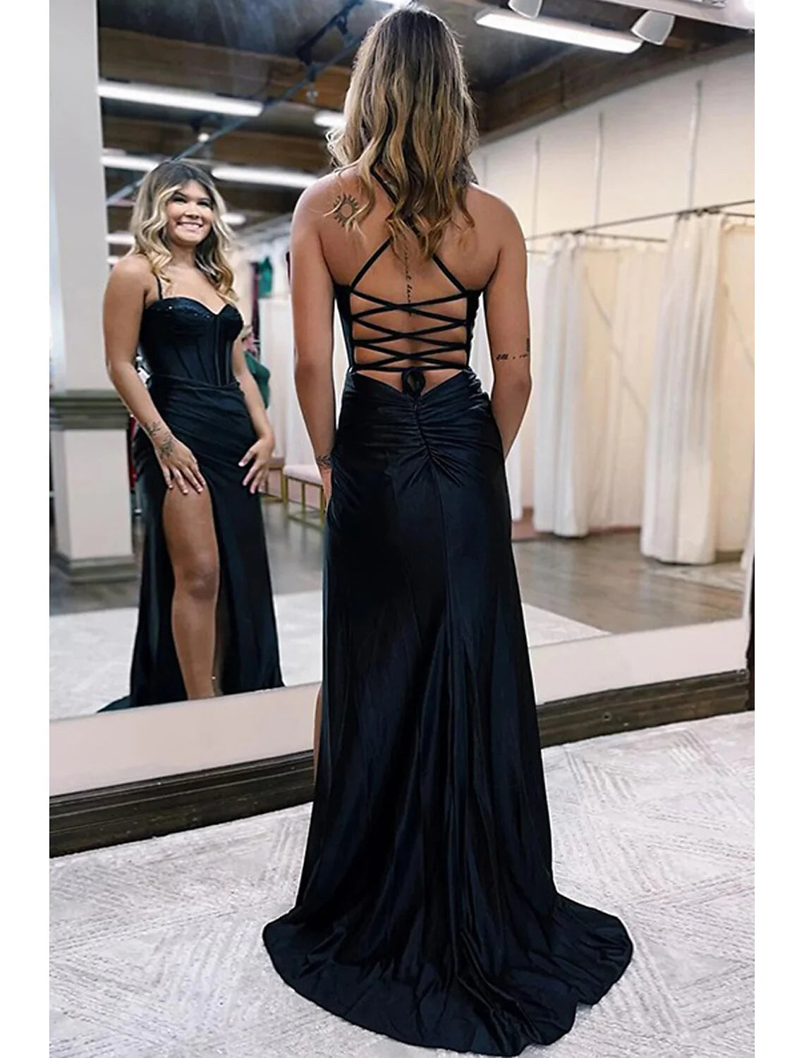 DingjiMermaid / Trumpet Prom Dresses Empire Dress Formal Wedding Guest Court Train Sleeveless Sweetheart Satin Backless with Pleats Beading