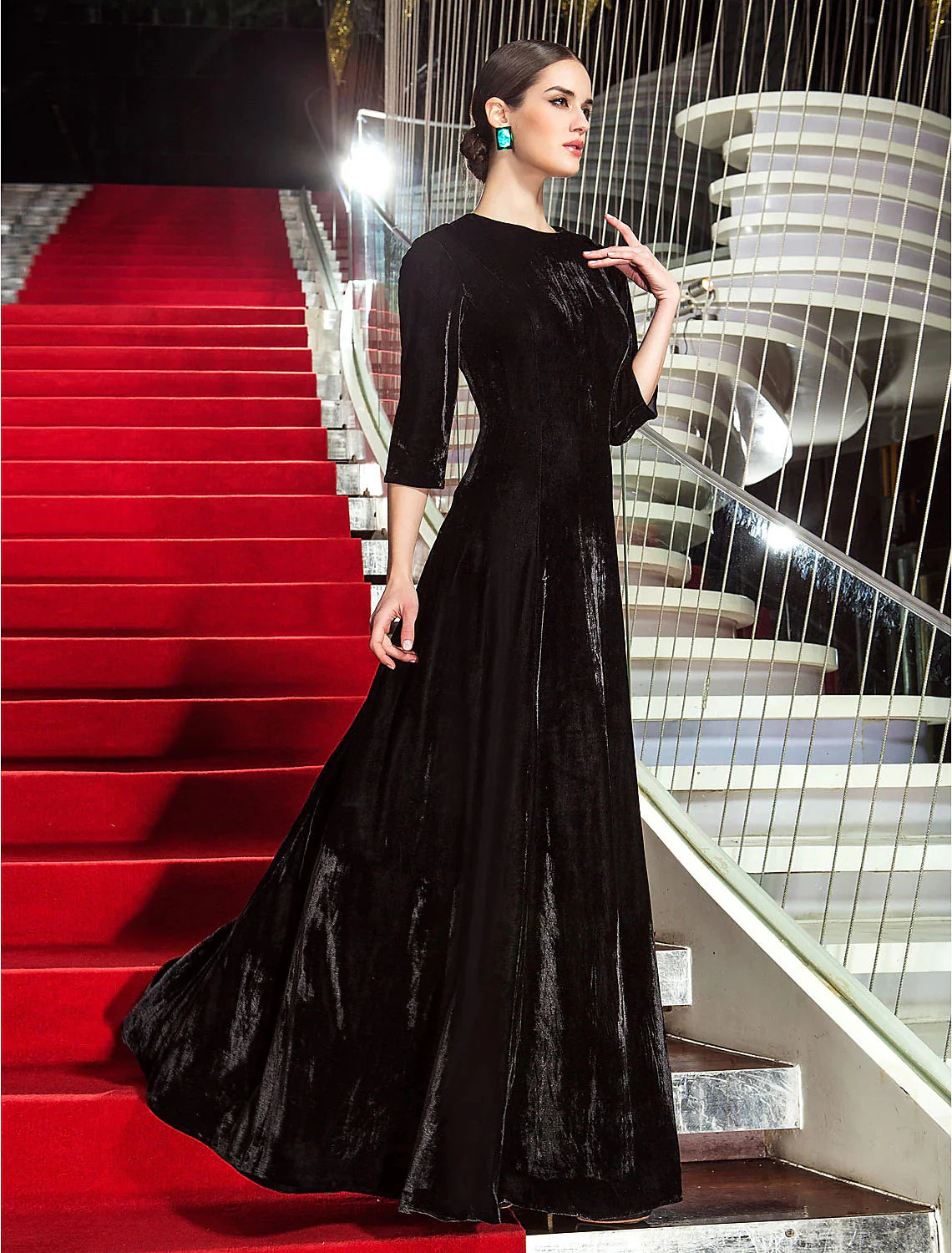 DingjiA-Line Celebrity Style Dress Wedding Guest Floor Length 3/4 Length Sleeve Jewel Neck Velvet with Pleats