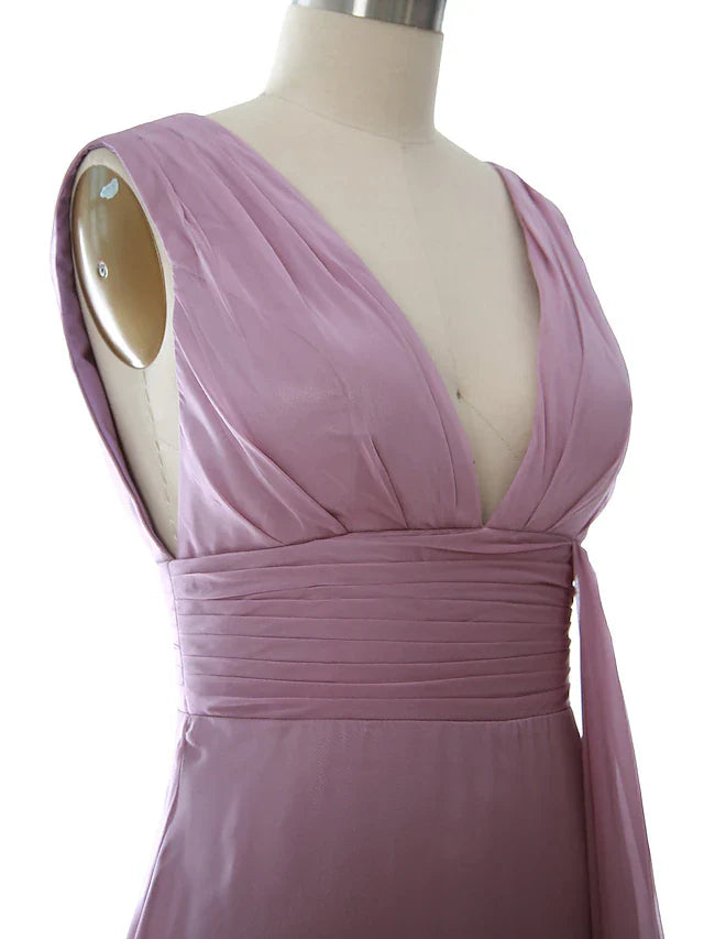 DingjiA-Line Wedding Guest Dresses Elegant Dress Party Wear Floor Length Sleeveless V Neck Chiffon with Ruched