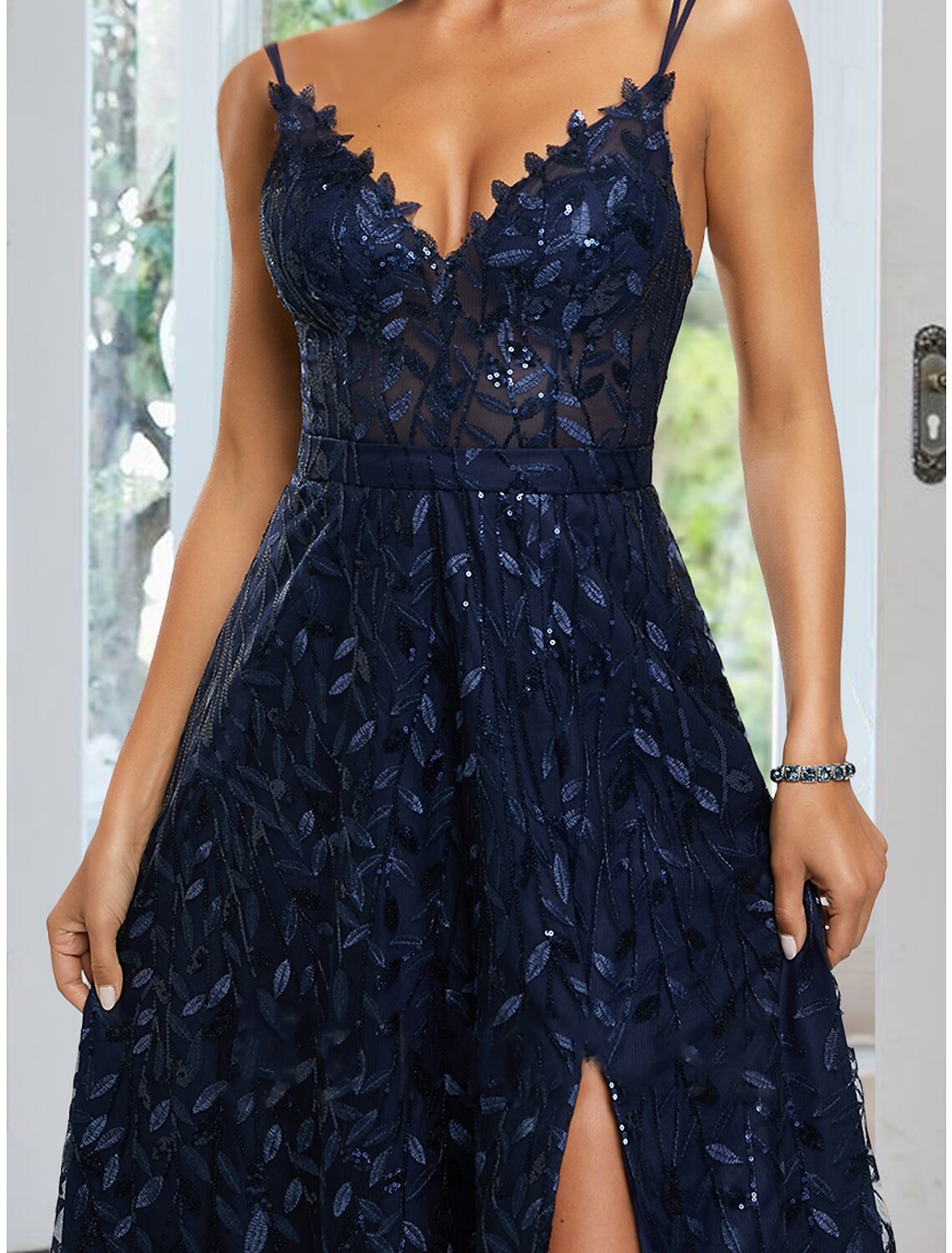 A-Line Evening Gown Floral Dress Formal Floor Length Sleeveless Spaghetti Strap Satin with Slit Applique