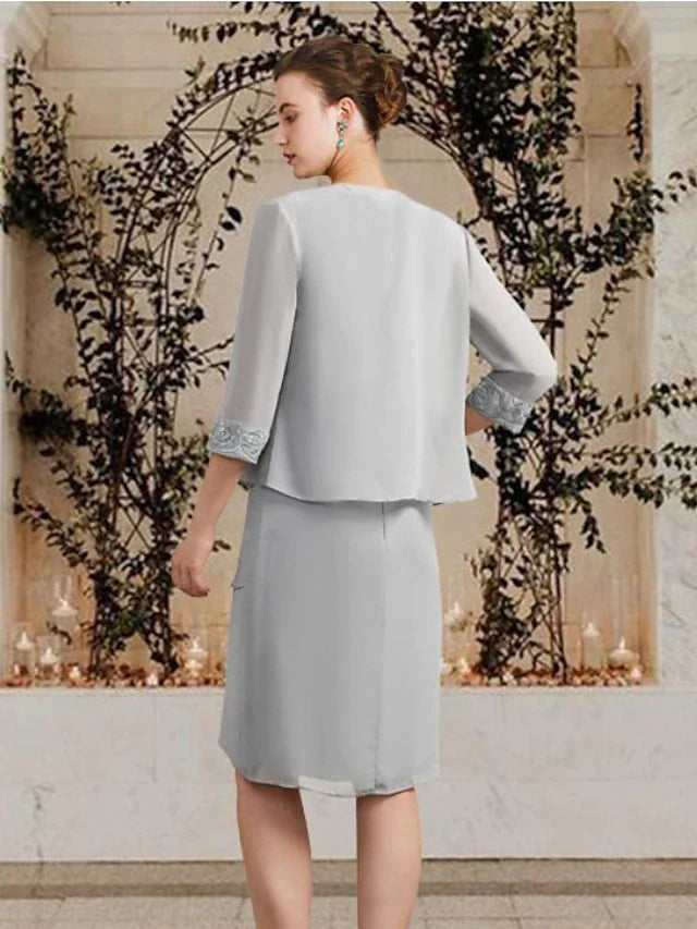 Two Piece Sheath / Column Mother of the Bride Dress Church Elegant Square Neck Jewel Neck Knee Length Chiffon Lace Sleeveless Wrap Included with Ruffles Appliques