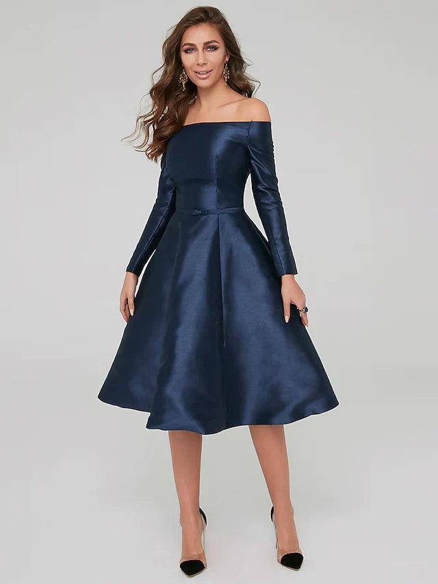 DingjiA-Line Special Occasion Dresses Party Dress Wedding Guest Knee Length Long Sleeve Off Shoulder Satin with Pleats