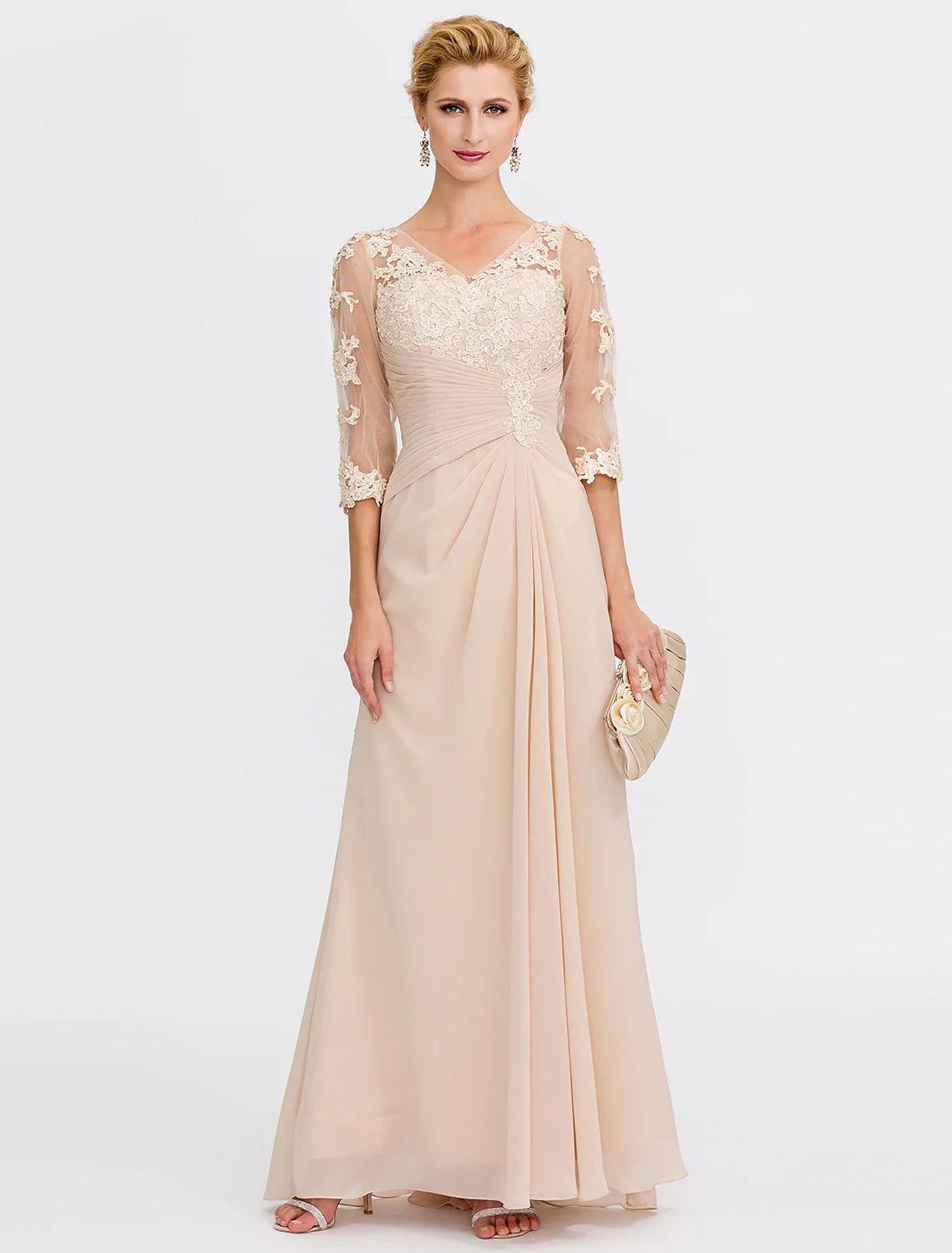 DingjiA-Line Mother of the Bride Dress Fall Wedding Guest Dresses Plus Size Elegant See Through V Neck Floor Length Chiffon Half Sleeve with Appliques Side Draping