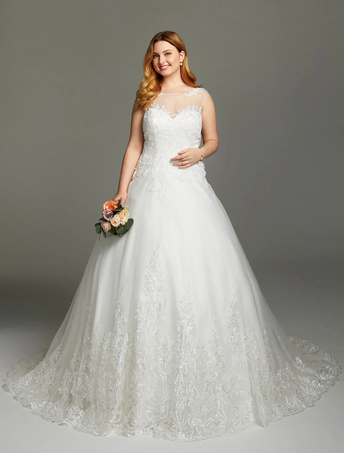 Hall Wedding Dresses Princess Illusion Neck Sleeveless Chapel Train Satin Bridal Gowns With Appliques