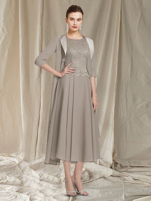 Two Piece A-Line Mother of the Bride Dress Church Elegant Jewel Neck Tea Length Chiffon Lace Half Sleeve Jacket Dresses with Appliques