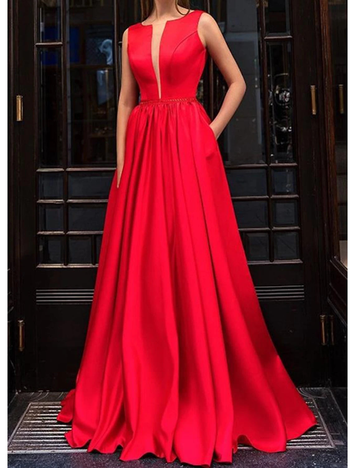 A-Line Evening Gown Minimalist Dress Party Wear Formal Evening Floor Length Sleeveless Jewel Neck Satin with Pleats