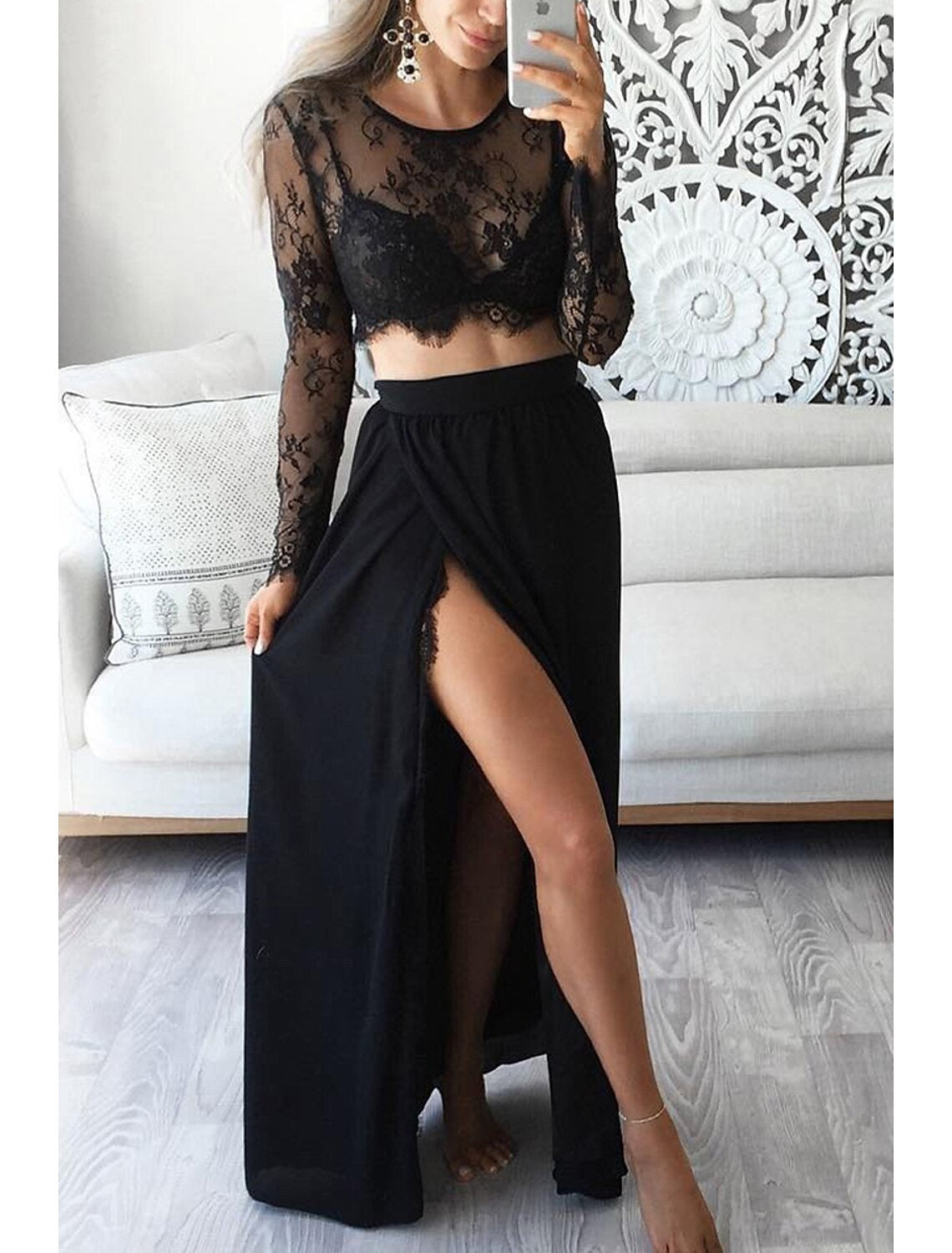 Two Piece A-Line Prom Dresses High Split Dress Formal Prom Floor Length Long Sleeve Jewel Neck Chiffon with Slit