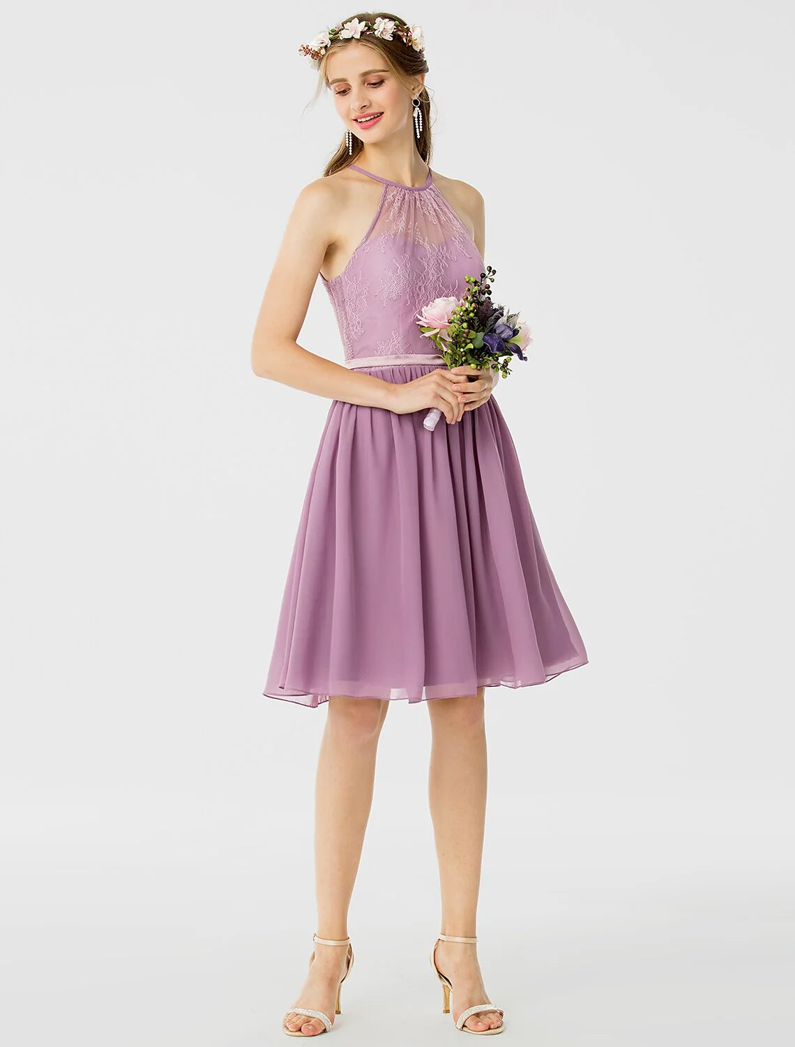 DingjiA-Line / Princess Halter Neck Knee Length Chiffon / Corded Lace Bridesmaid Dress with Sash / Ribbon / Pleats