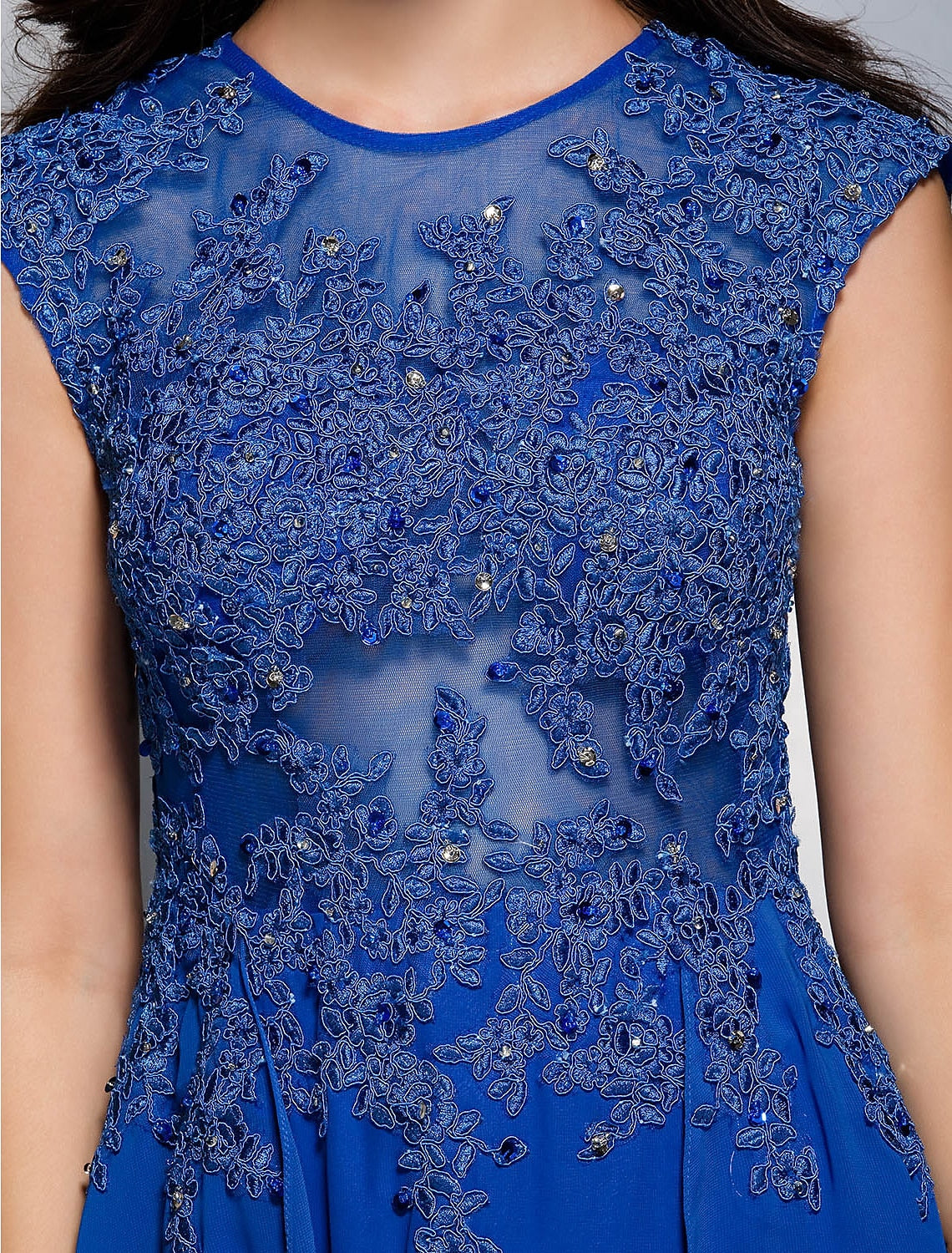 Sheath / Column Elegant Floral Formal Evening Wedding Party Dress Illusion Neck Short Sleeve Sweep / Brush Train Chiffon with Appliques