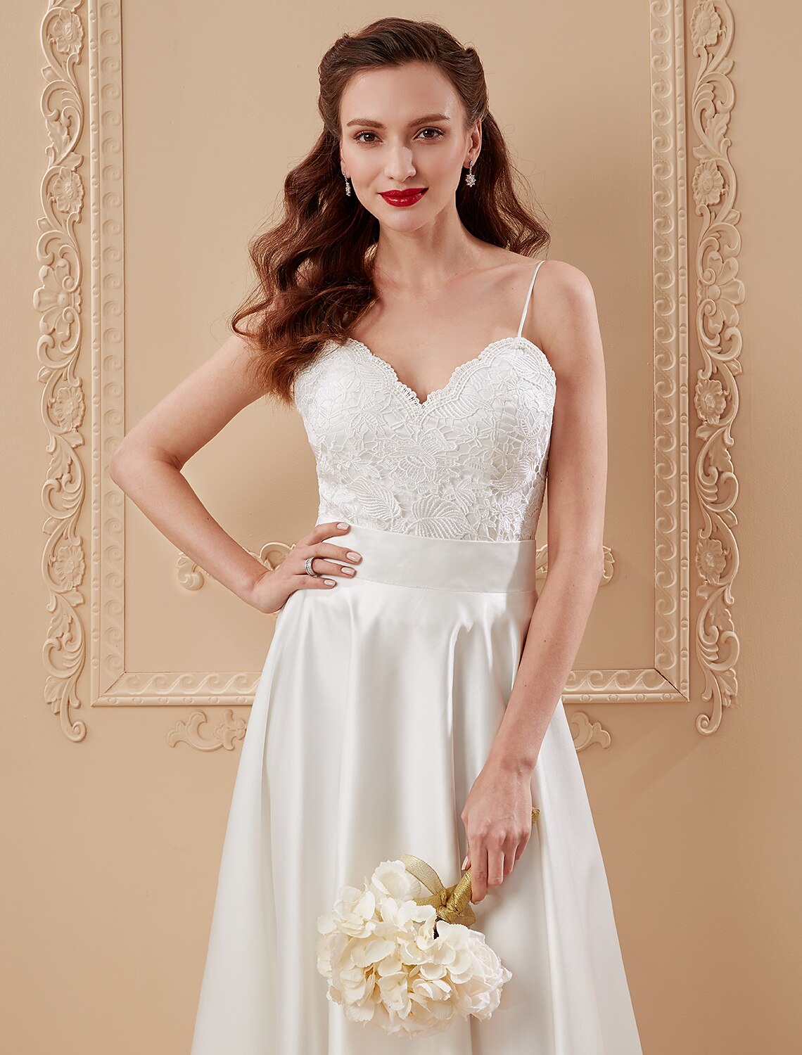 A-Line / Princess Spaghetti Strap Ankle Length Satin / Corded Lace Made-To-Measure Wedding Dresses with Appliques / Sashes / Ribbons / Open Back
