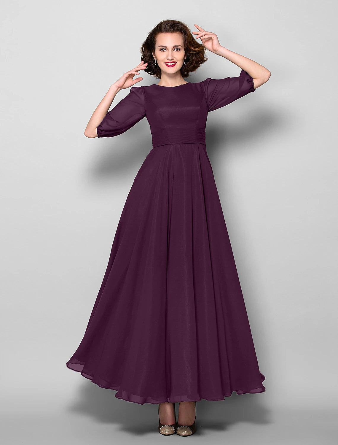 A-Line Mother of the Bride Dress Elegant Jewel Neck Ankle Length Chiffon Half Sleeve with Sash / Ribbon Ruched