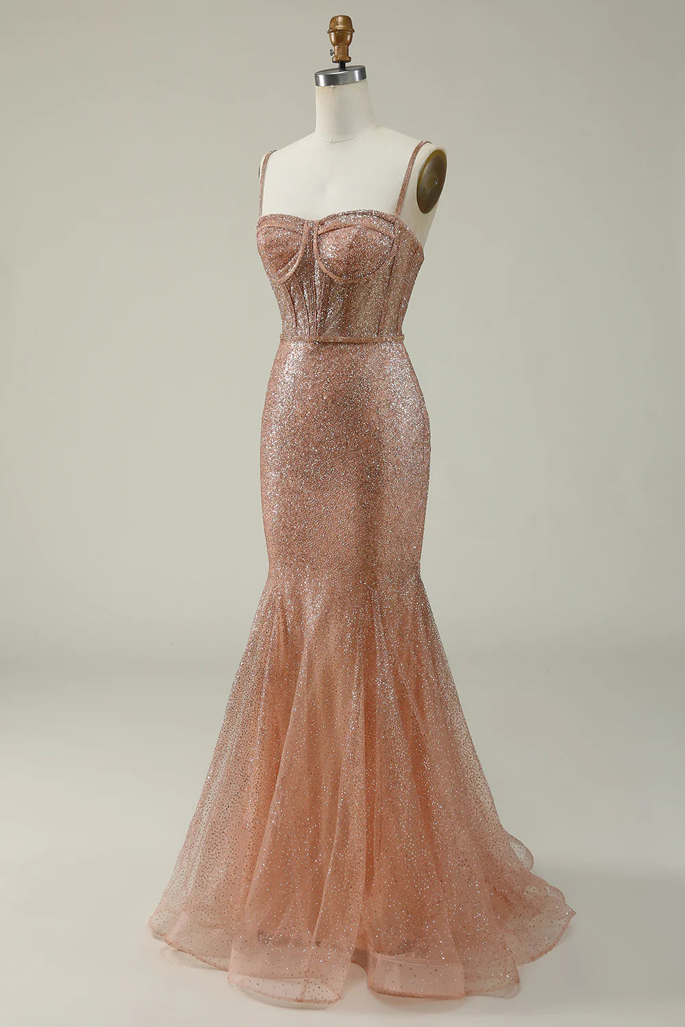 Mermaid Spaghetti Straps Blush Sequins Long Prom Dress