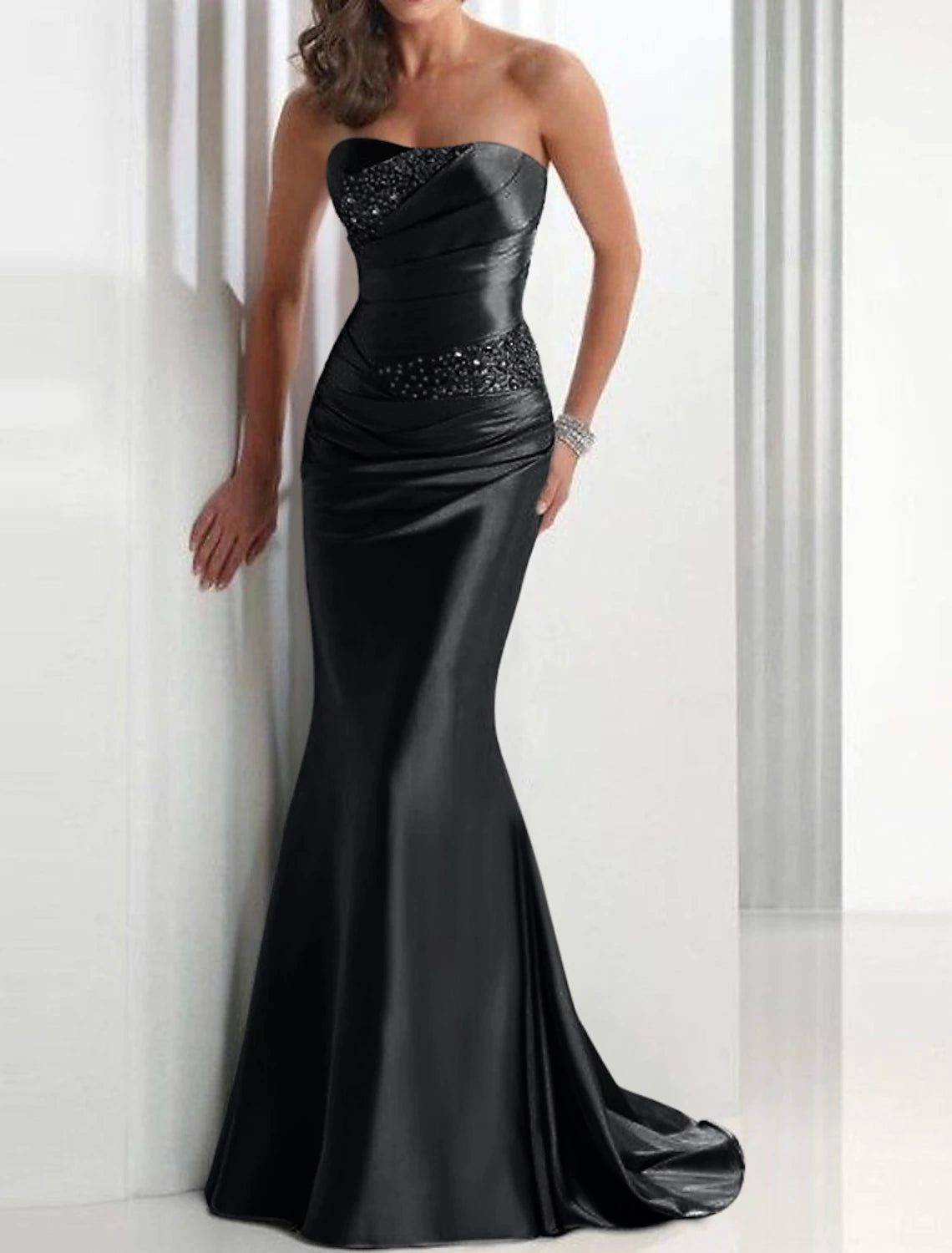 Mermaid / Trumpet Elegant Sparkle & Shine Wedding Guest Formal Evening Dress Strapless Sleeveless Sweep / Brush Train Satin with Crystals