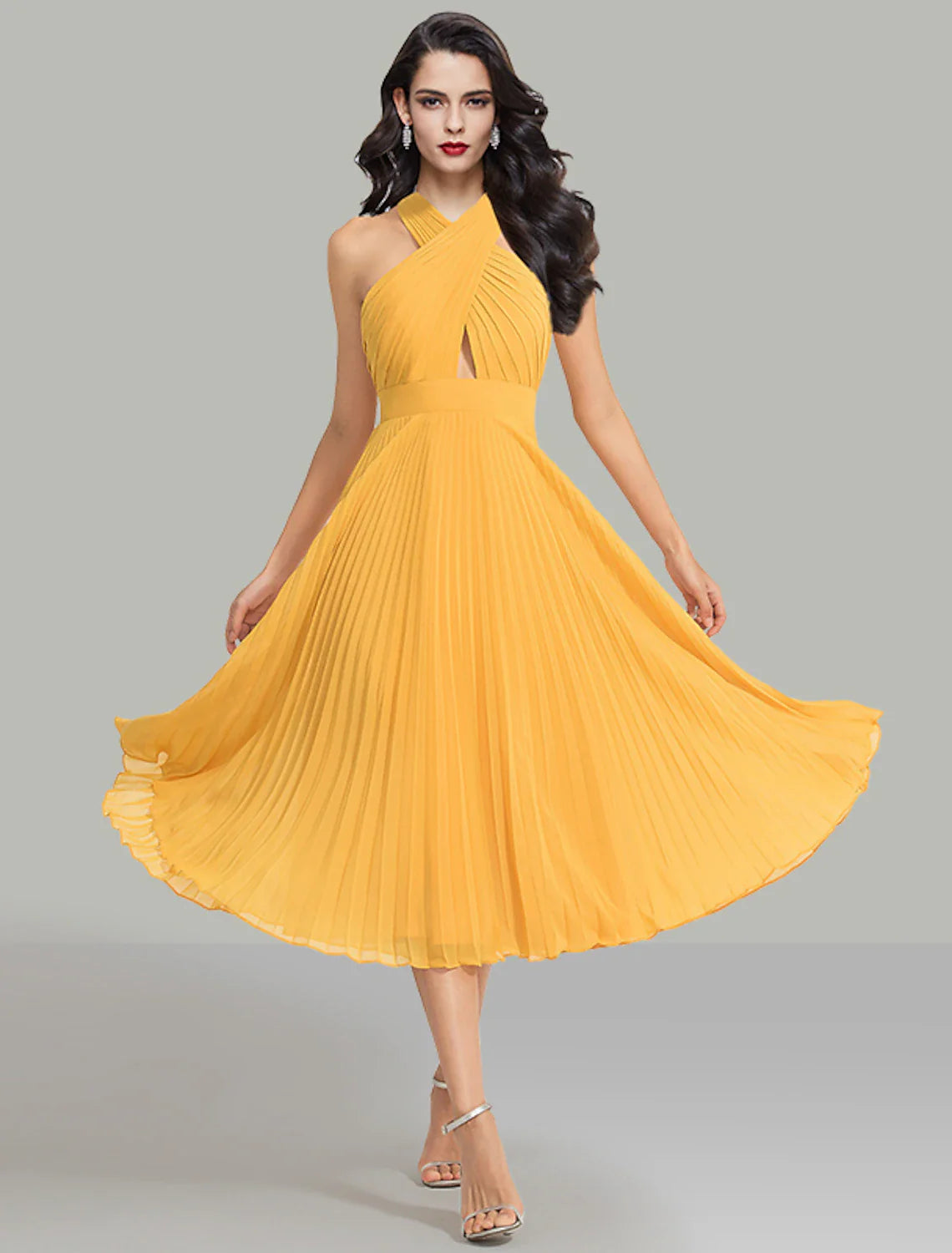 DingjiA-Line Wedding Guest Dresses Elegant Dress Cocktail Party Wedding Party Tea Length Sleeveless Halter Neck Chiffon with Ruched