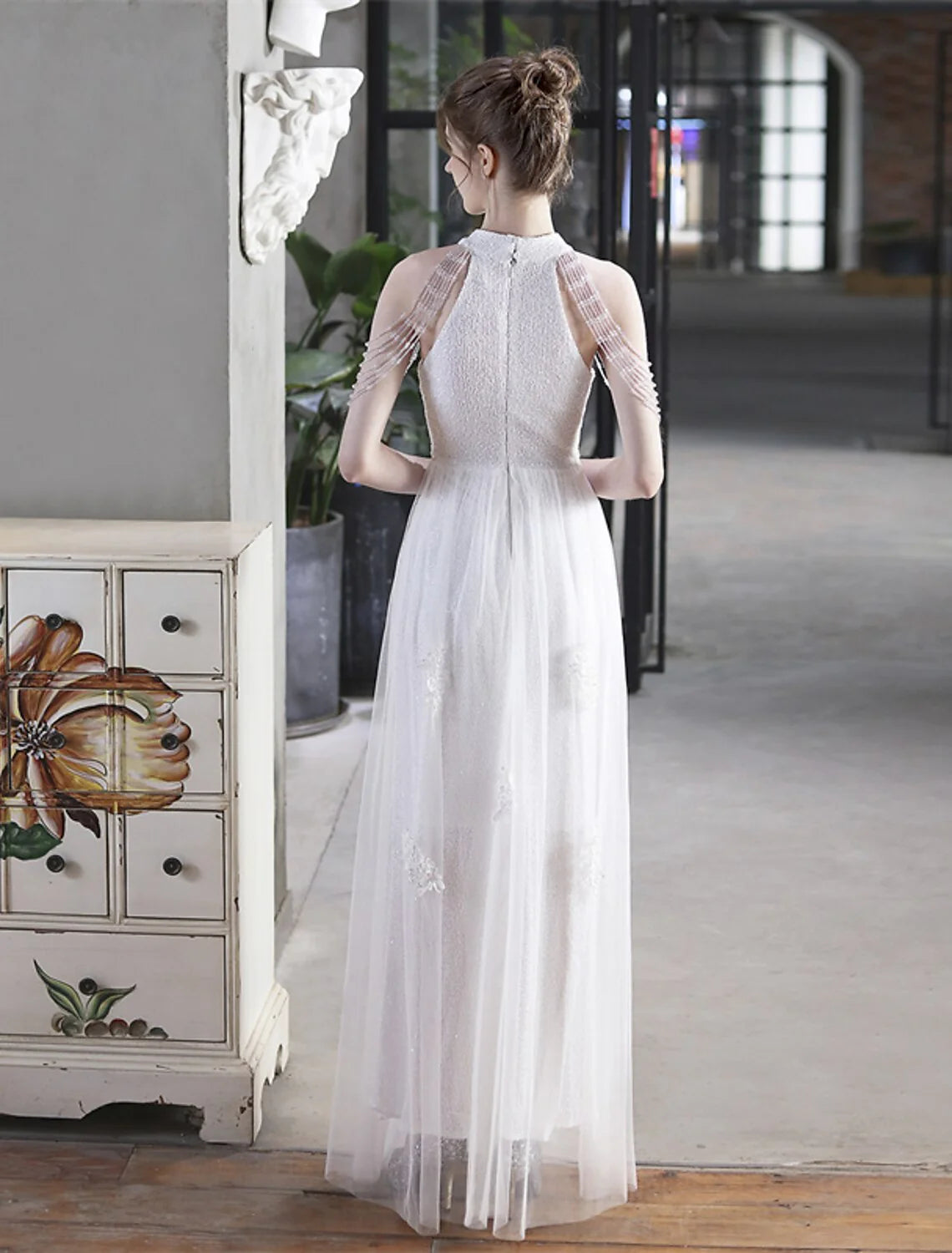 DingjiA-Line Prom Dresses Sparkle & Shine Dress Party Wear Floor Length Short Sleeve High Neck Polyester with Sequin Appliques