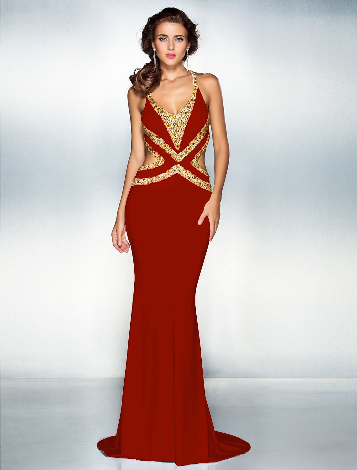 Mermaid / Trumpet Sparkle Dress Wedding Guest Engagement Sweep / Brush Train Sleeveless V Neck Jersey Crisscross Back with Crystals