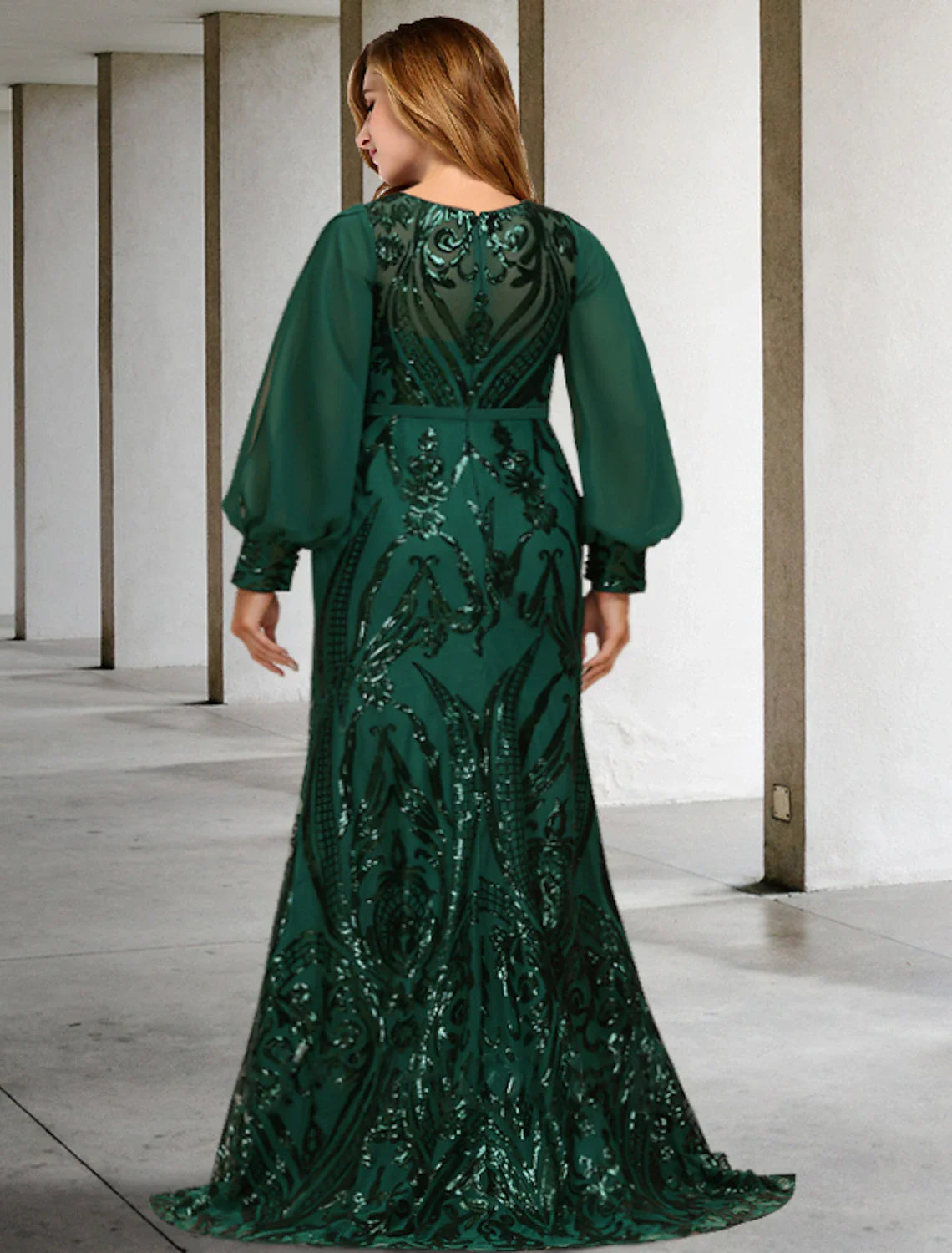 DingjiMermaid / Trumpet Mother of the Bride Dresses Plus Size Hide Belly Curve Elegant Dress Formal Sweep / Brush Train Long Sleeve Jewel Neck Chiffon with Sequin