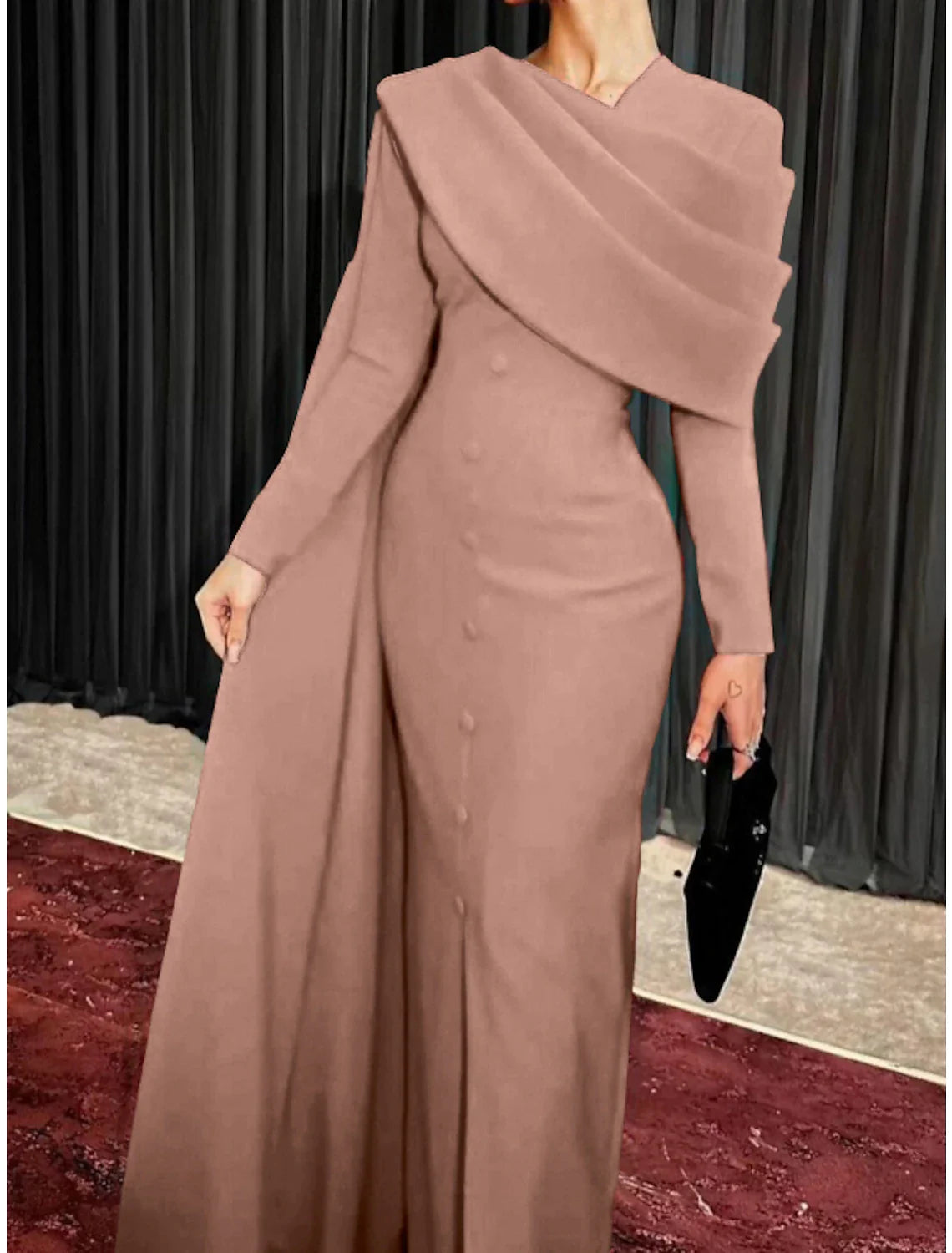 Sheath Red Black Red Green Dress Evening Gown Elegant Cape Dress Formal Fall Sweep / Brush Train Long Sleeve Cowl Neck Stretch Fabric with Buttons Slit