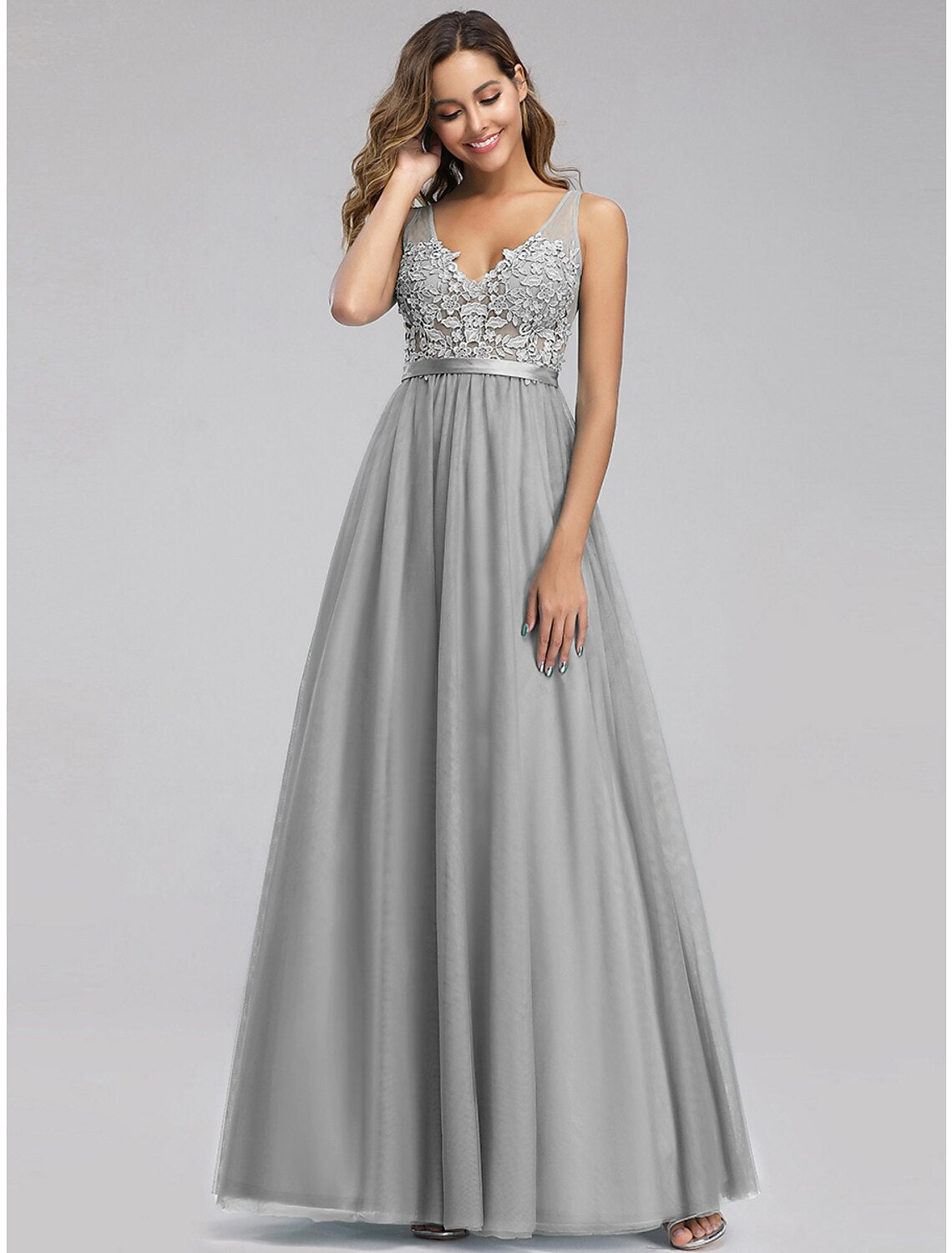 A-Line Empire Holiday Prom Dress V Neck V Back Sleeveless Floor Length Chiffon with Appliques