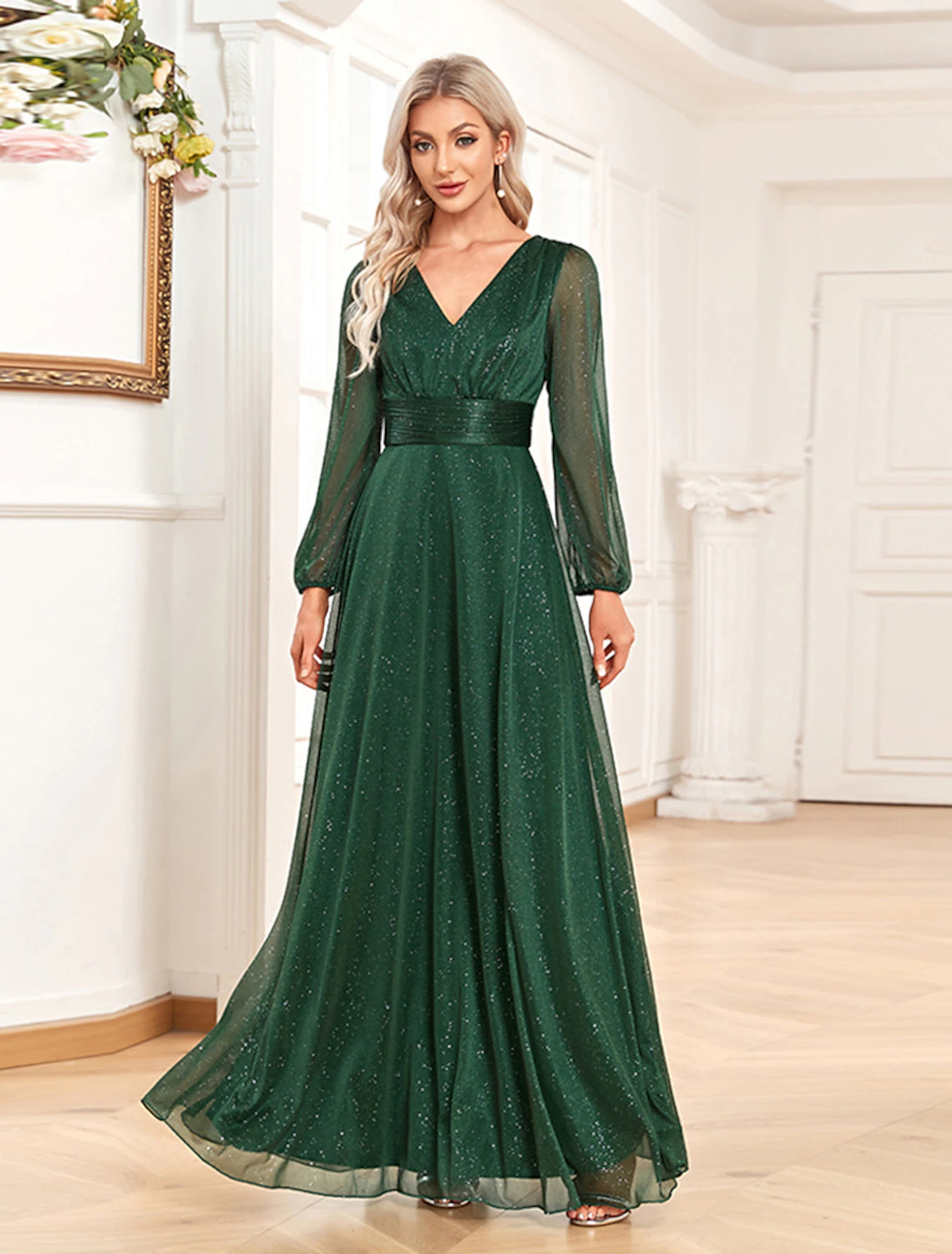 A-Line Evening Gown Sparkle & Shine Dress Formal Wedding Party Floor Length Long Sleeve V Neck Chiffon with Sequin