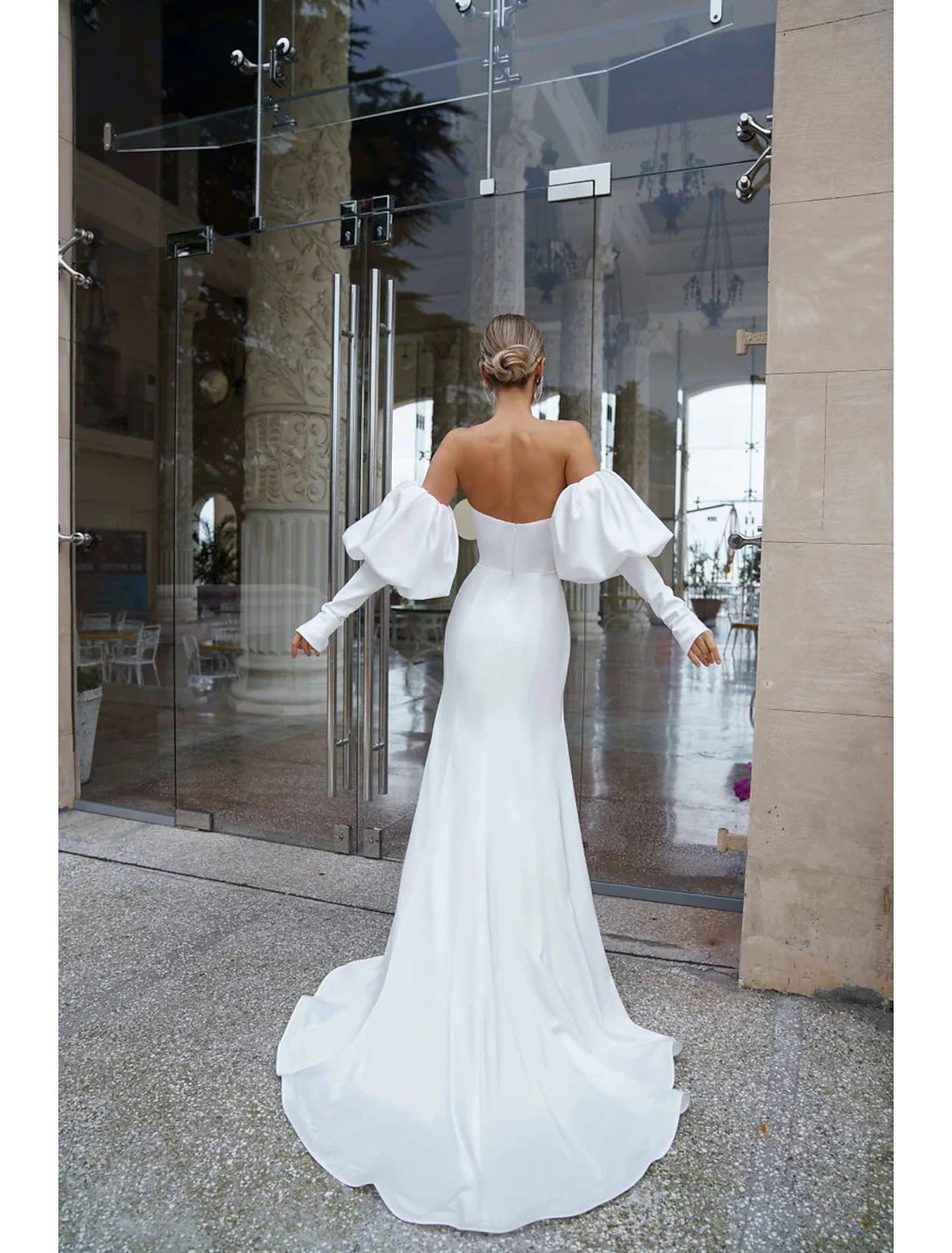 Hall Casual Wedding Dresses Mermaid / Trumpet Off Shoulder Long Sleeve Court Train Satin Bridal Gowns With Ruched Solid Color Summer Wedding Party